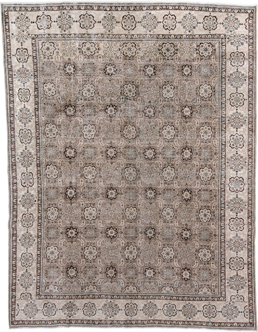 9' x 12' one-of-a-kind handmade antique Tabriz large size rug. Color palette: ivory, taupe, brown, slate, camel, charcoal
