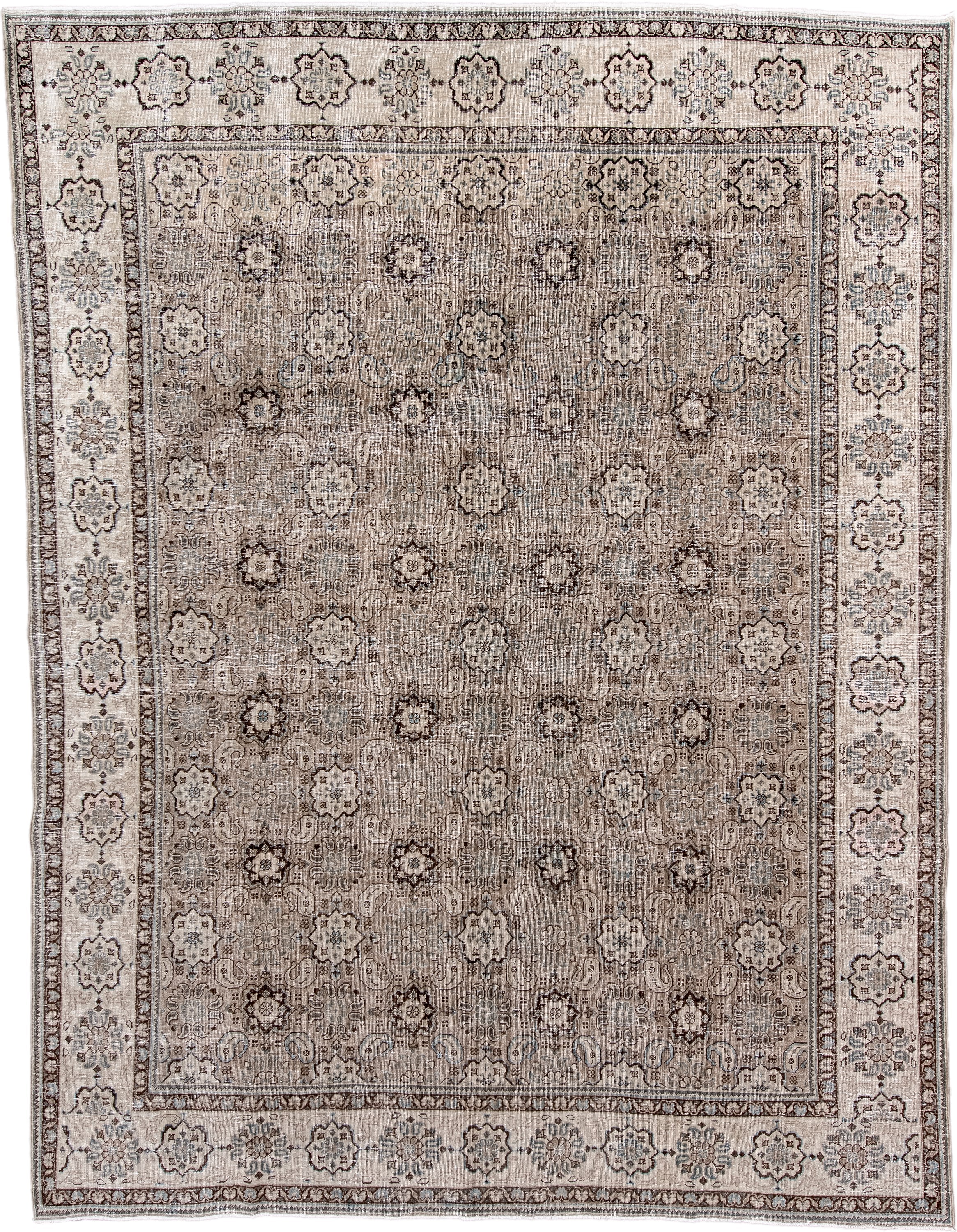 9' x 12' one-of-a-kind handmade antique Tabriz large size rug. Color palette: ivory, taupe, brown, slate, camel, charcoal