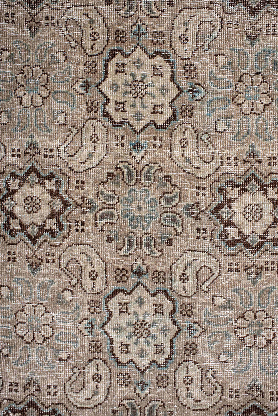 9' x 12' one-of-a-kind handmade antique Tabriz large size rug. Color palette: ivory, taupe, brown, slate, camel, charcoal