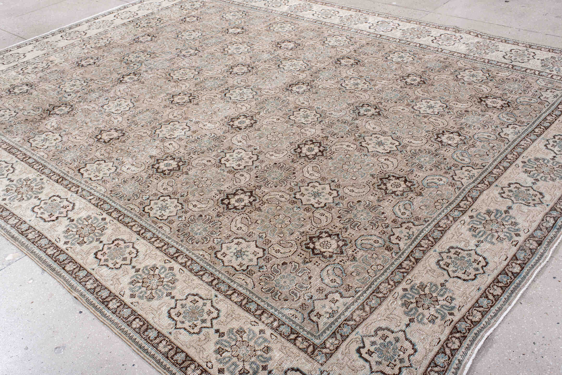 9' x 12' one-of-a-kind handmade antique Tabriz large size rug. Color palette: ivory, taupe, brown, slate, camel, charcoal