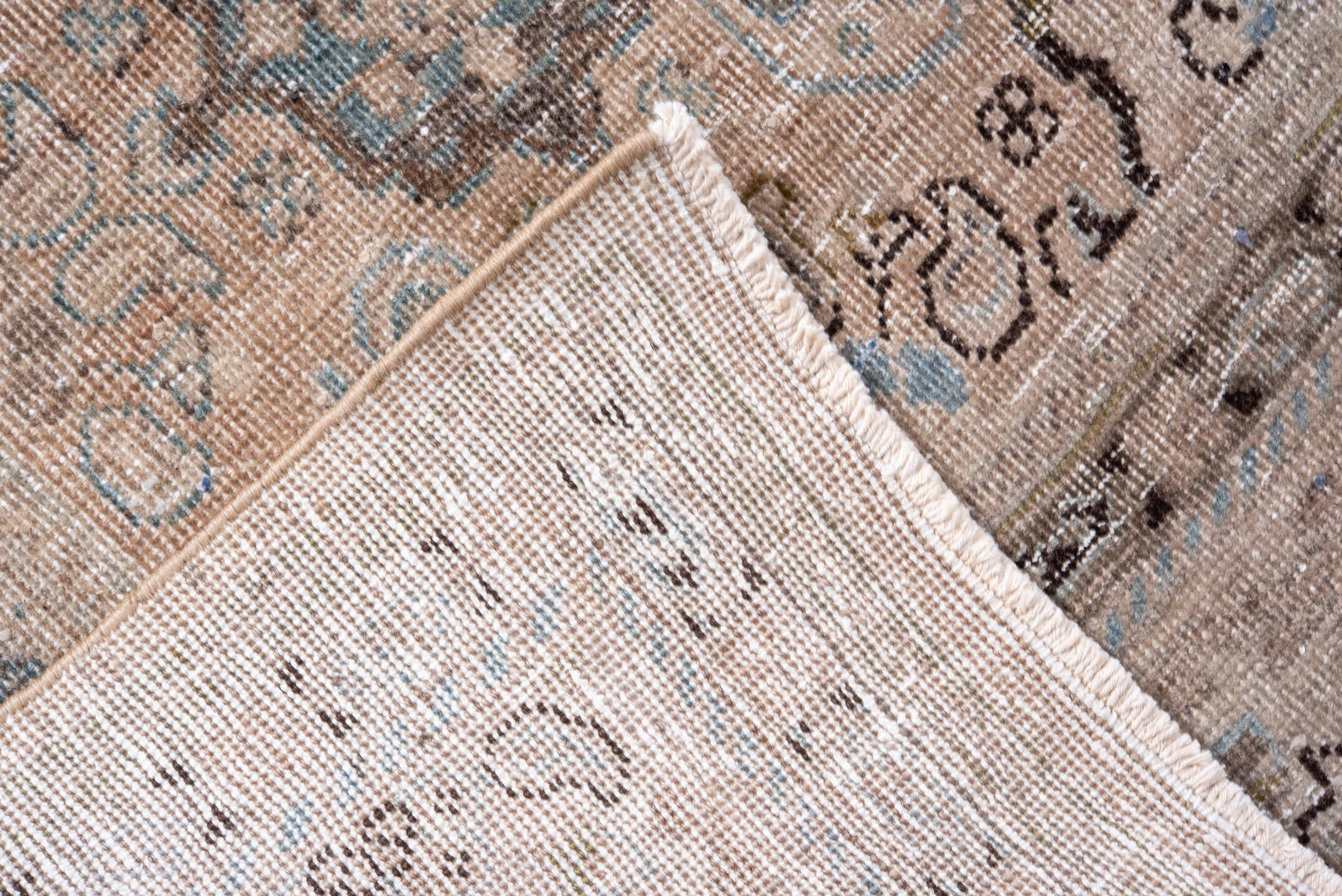 9' x 12' one-of-a-kind handmade vintage Mahal large size rug. Color palette: ivory, blush, taupe, pale blue, beige, charcoal