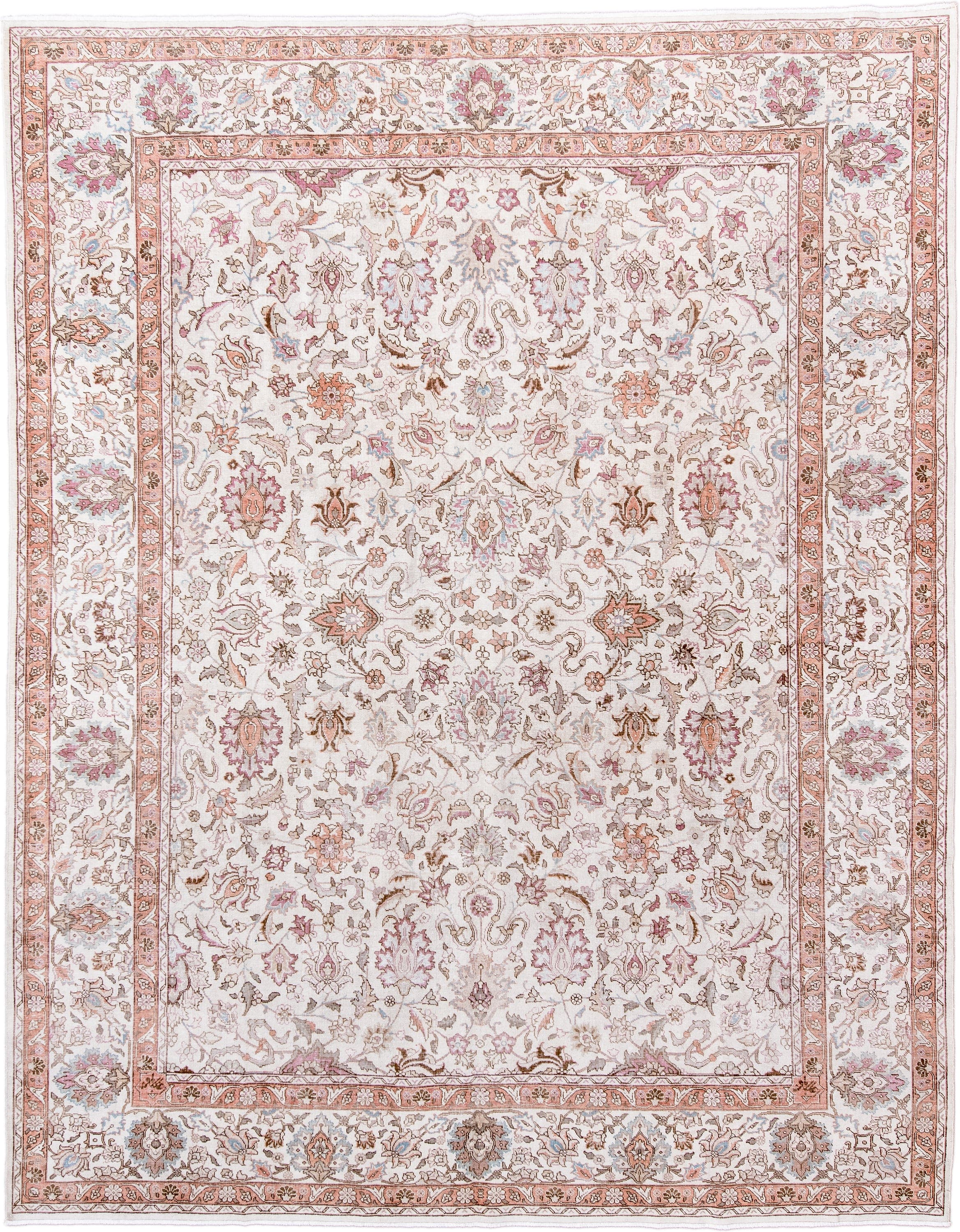 8' x 11' one-of-a-kind handmade antique Sparta large size rug. Color palette: ivory, blush, rose, taupe, camel, soft blue