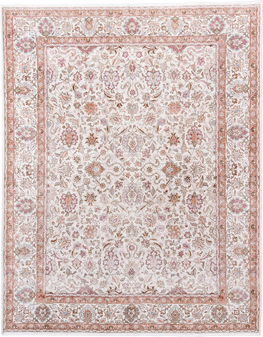 8' x 11' one-of-a-kind handmade antique Sparta large size rug. Color palette: ivory, blush, rose, taupe, camel, soft blue