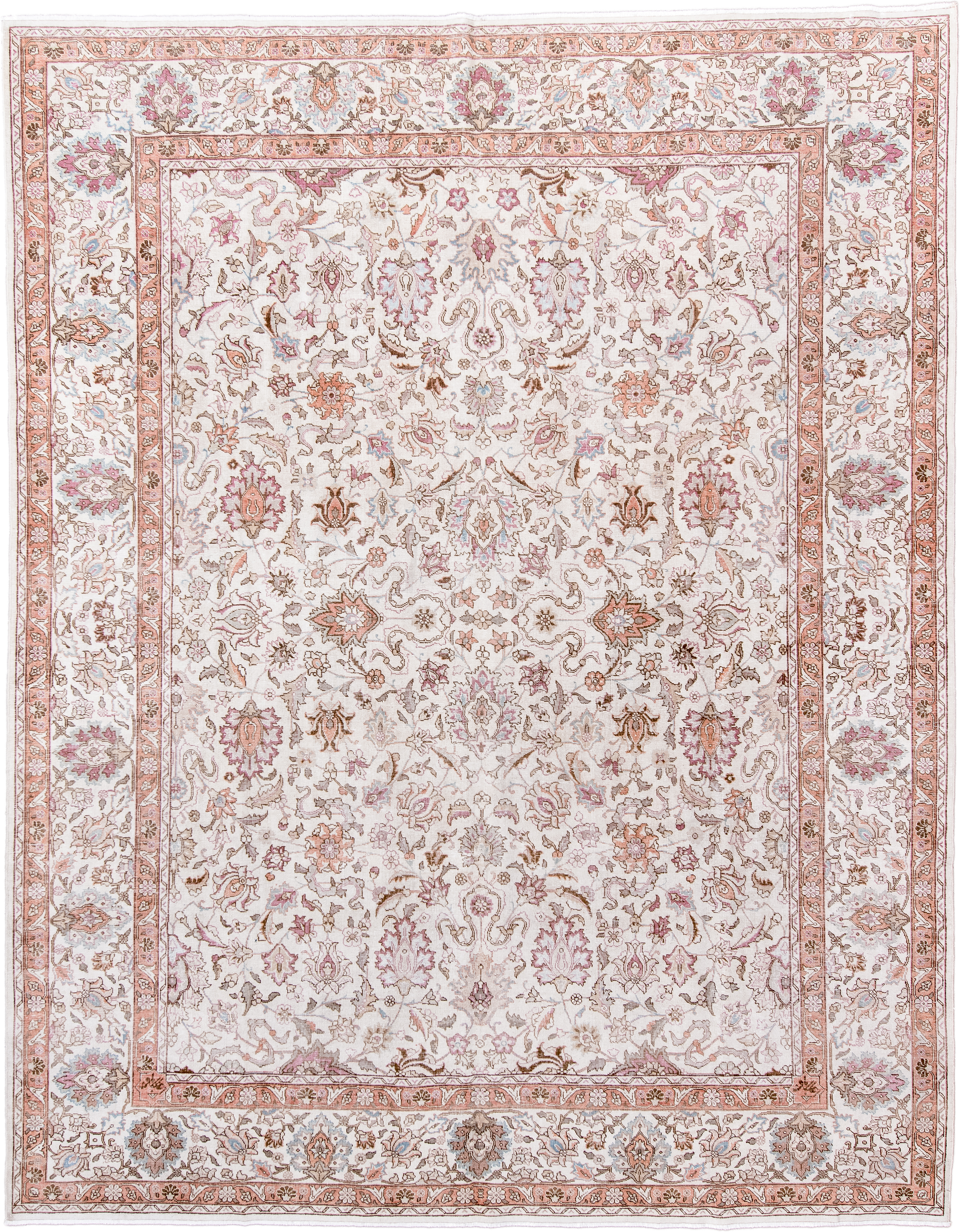 8' x 11' one-of-a-kind handmade antique Sparta large size rug. Color palette: ivory, blush, rose, taupe, camel, soft blue