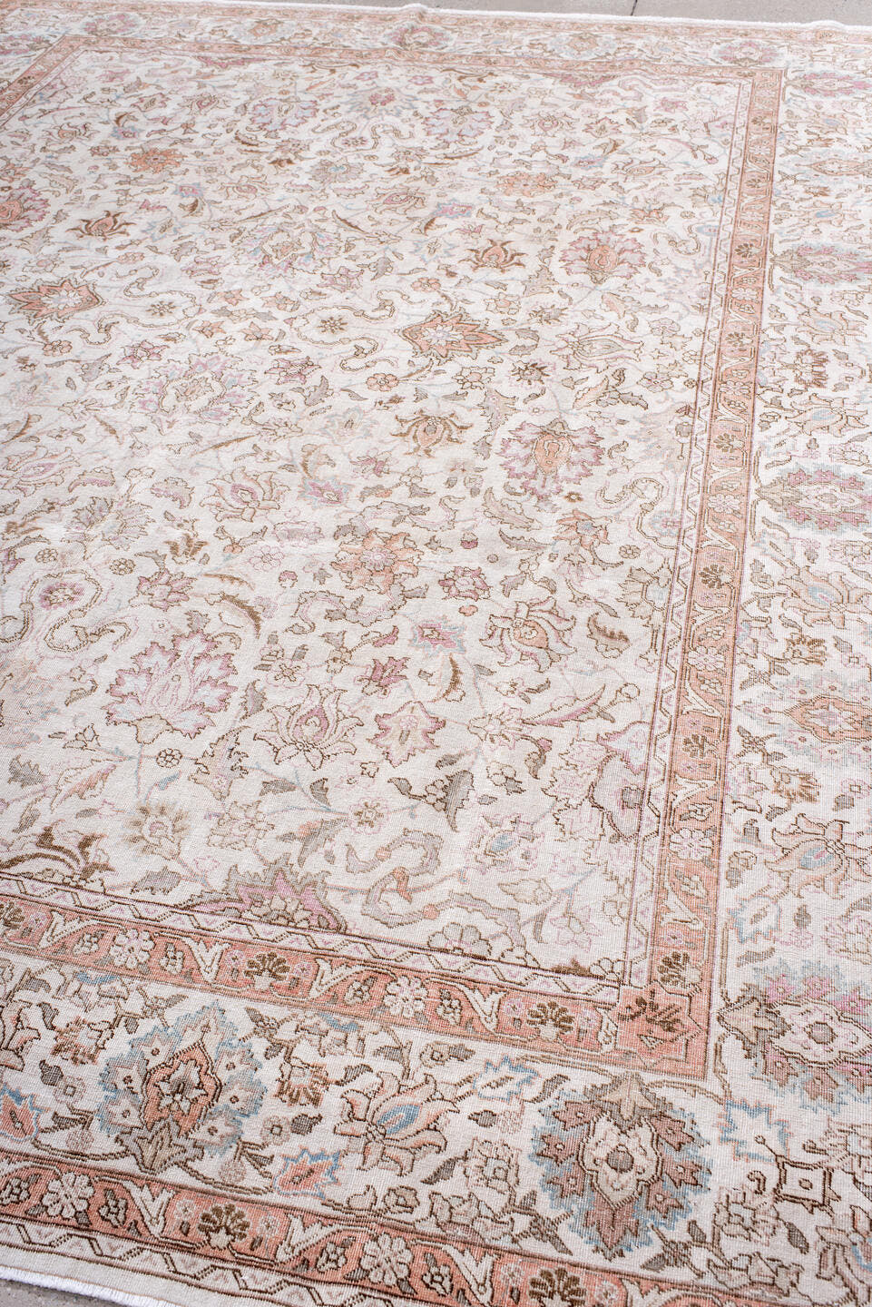 8' x 11' one-of-a-kind handmade antique Sparta large size rug. Color palette: ivory, blush, rose, taupe, camel, soft blue