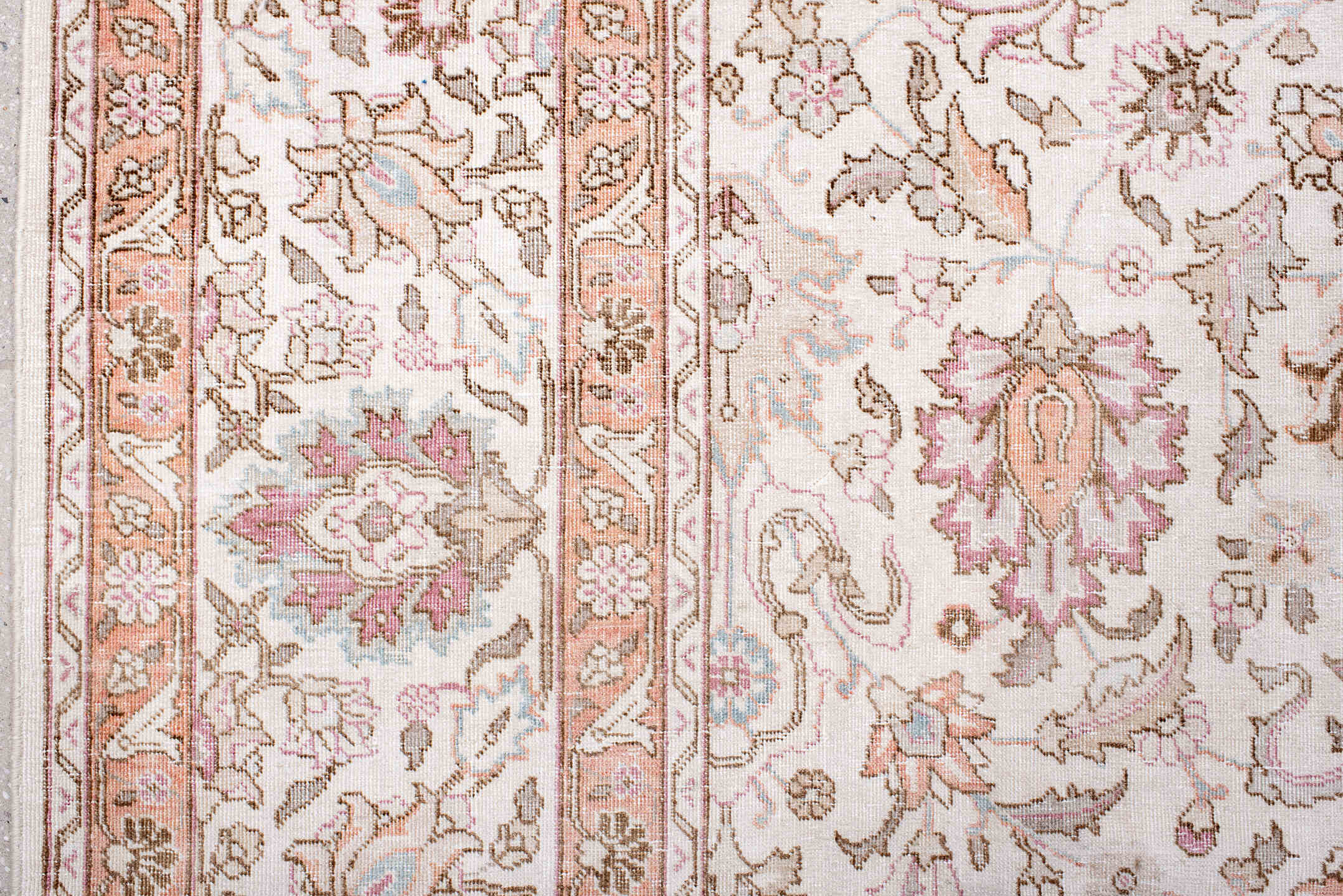 8' x 11' one-of-a-kind handmade antique Sparta large size rug. Color palette: ivory, blush, rose, taupe, camel, soft blue