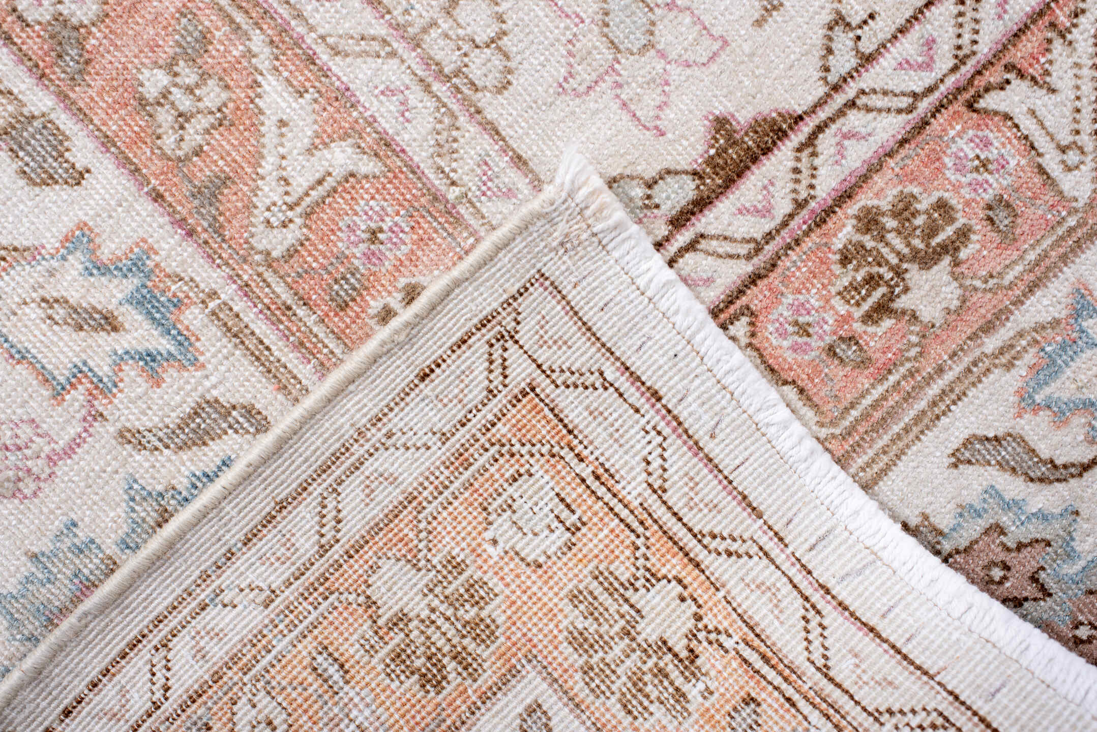 8' x 11' one-of-a-kind handmade antique Sparta large size rug. Color palette: ivory, blush, rose, taupe, camel, soft blue