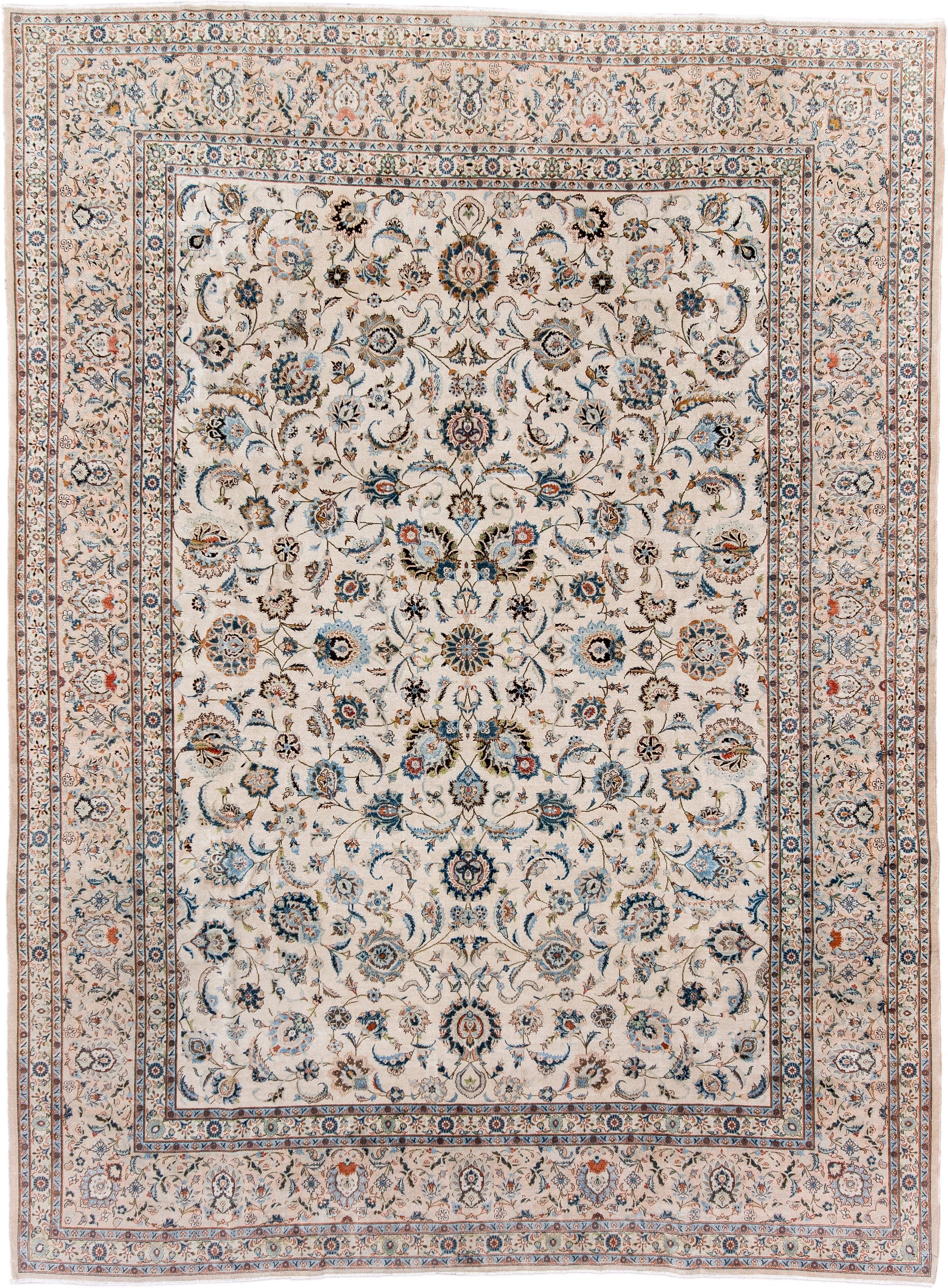 8' x 11' one-of-a-kind handmade antique Kashan large size rug. Color palette: ivory, sky_blue, navy, coral, taupe, camel