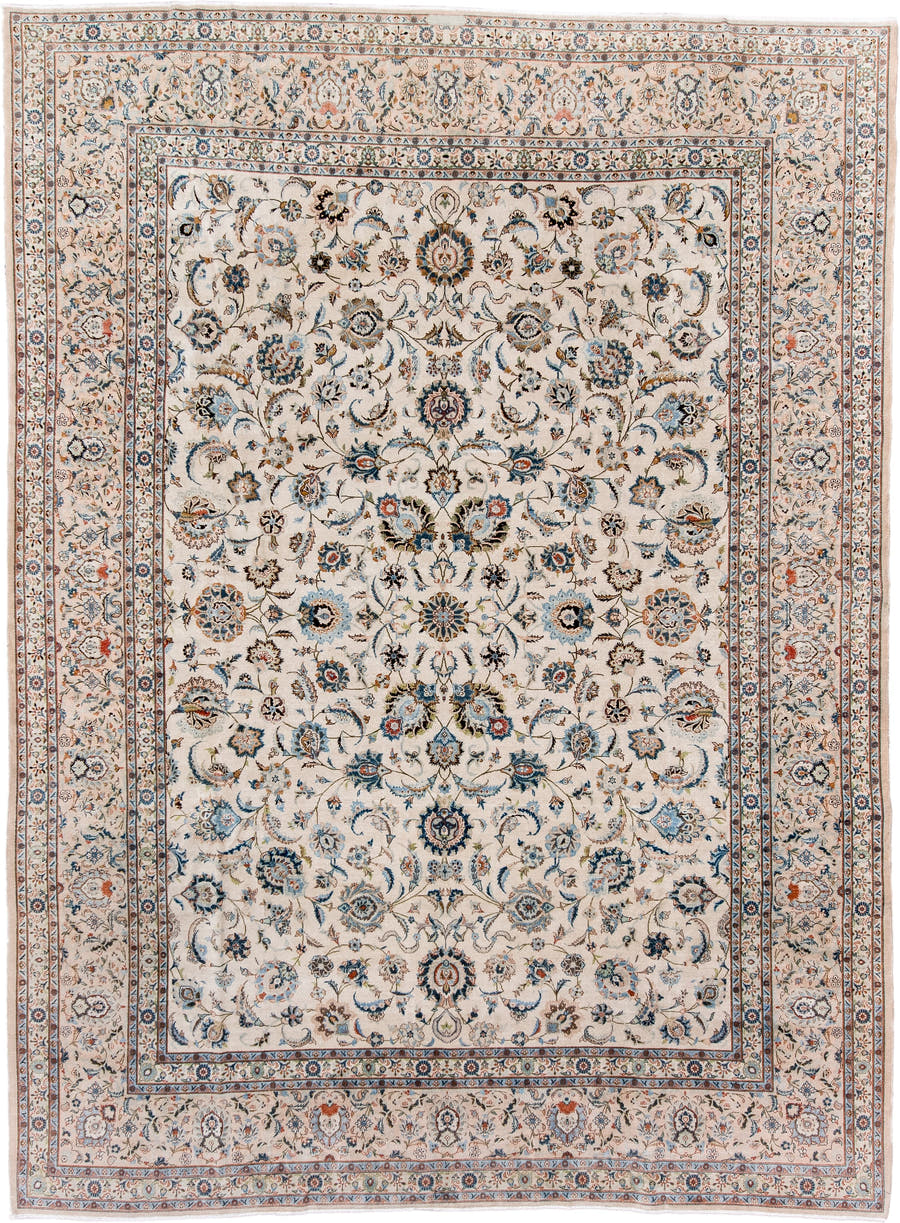 8' x 11' one-of-a-kind handmade antique Kashan large size rug. Color palette: ivory, sky_blue, navy, coral, taupe, camel