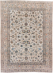 8' x 11' one-of-a-kind handmade antique Kashan large size rug. Color palette: ivory, sky_blue, navy, coral, taupe, camel