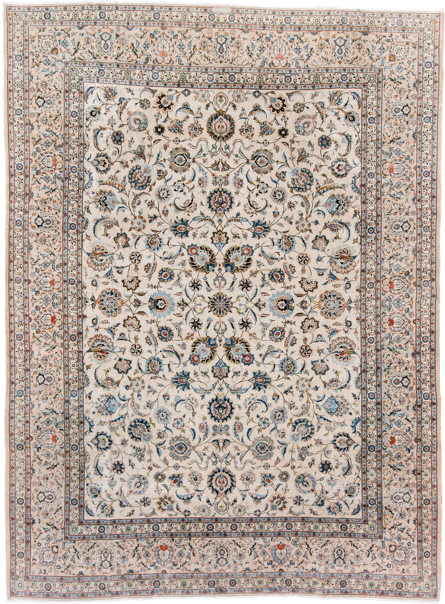 8' x 11' one-of-a-kind handmade antique Kashan large size rug. Color palette: ivory, sky_blue, navy, coral, taupe, camel