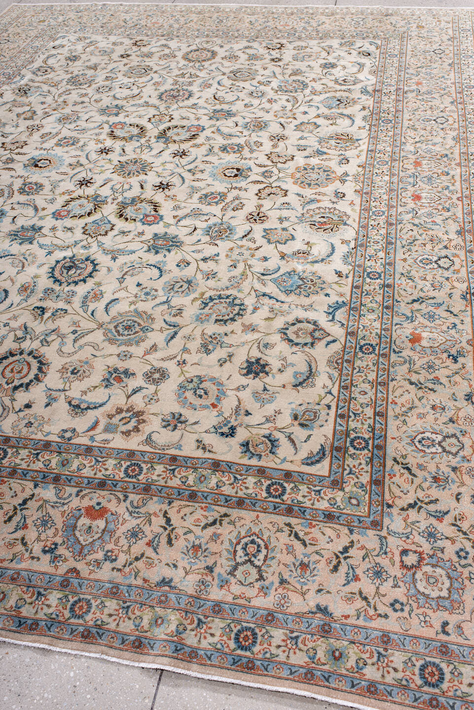8' x 11' one-of-a-kind handmade antique Kashan large size rug. Color palette: ivory, sky_blue, navy, coral, taupe, camel