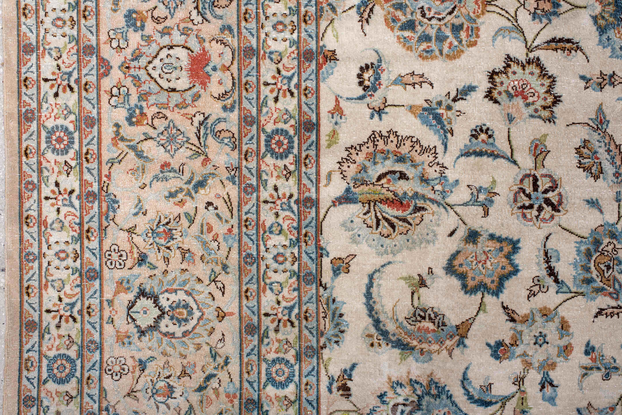 8' x 11' one-of-a-kind handmade antique Kashan large size rug. Color palette: ivory, sky_blue, navy, coral, taupe, camel