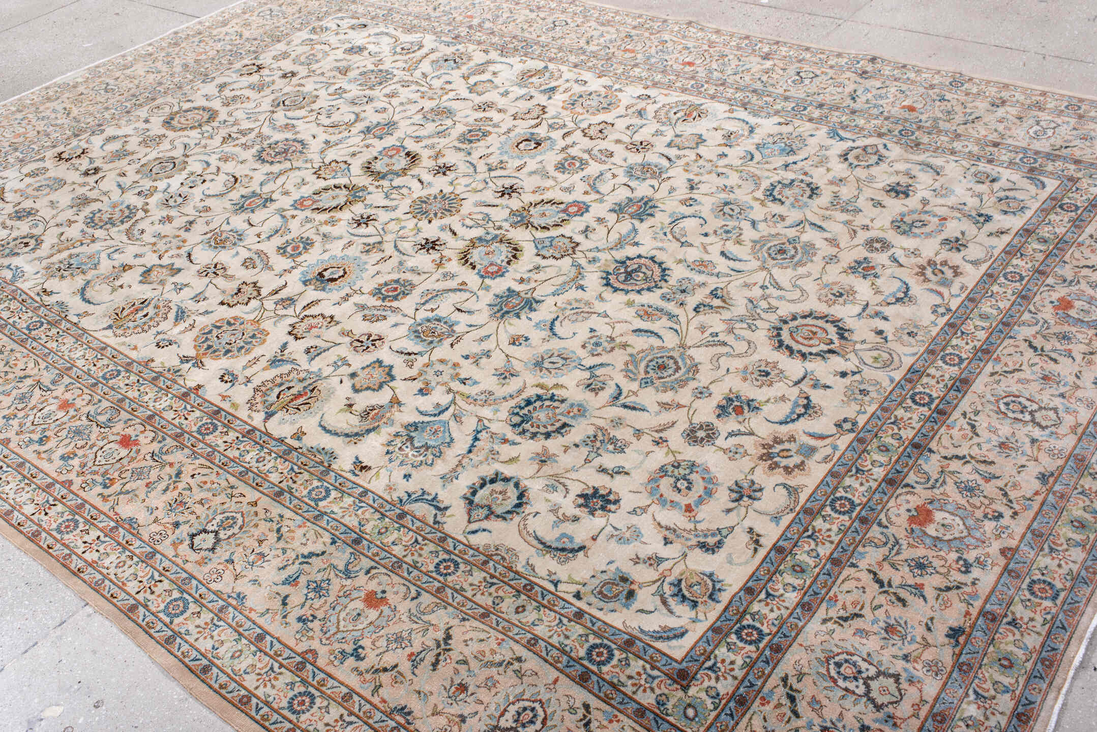 8' x 11' one-of-a-kind handmade antique Kashan large size rug. Color palette: ivory, sky_blue, navy, coral, taupe, camel
