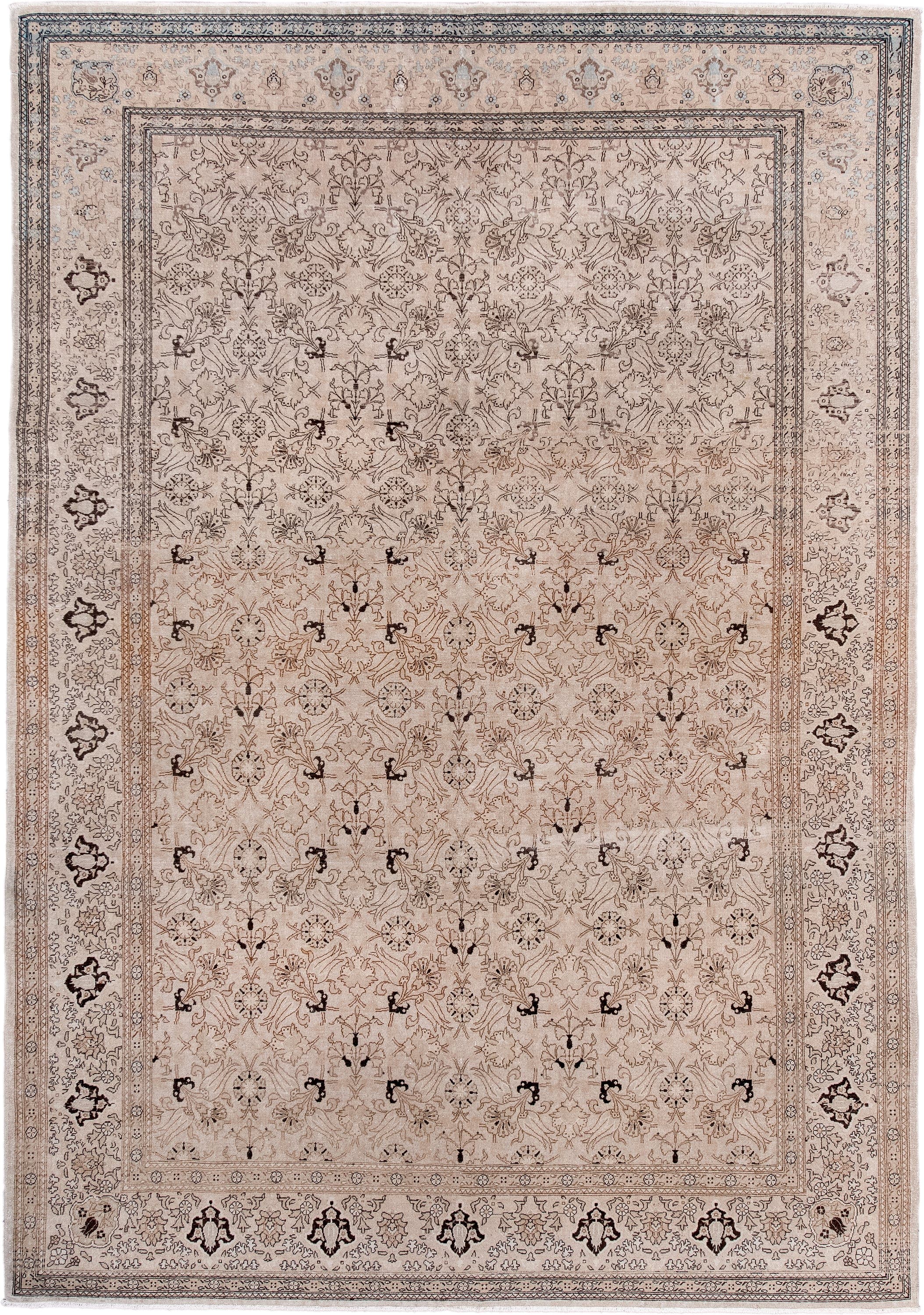 6' x 9' one-of-a-kind handmade antique Sivas medium size rug. Color palette: ivory, beige, taupe, brown, charcoal, camel