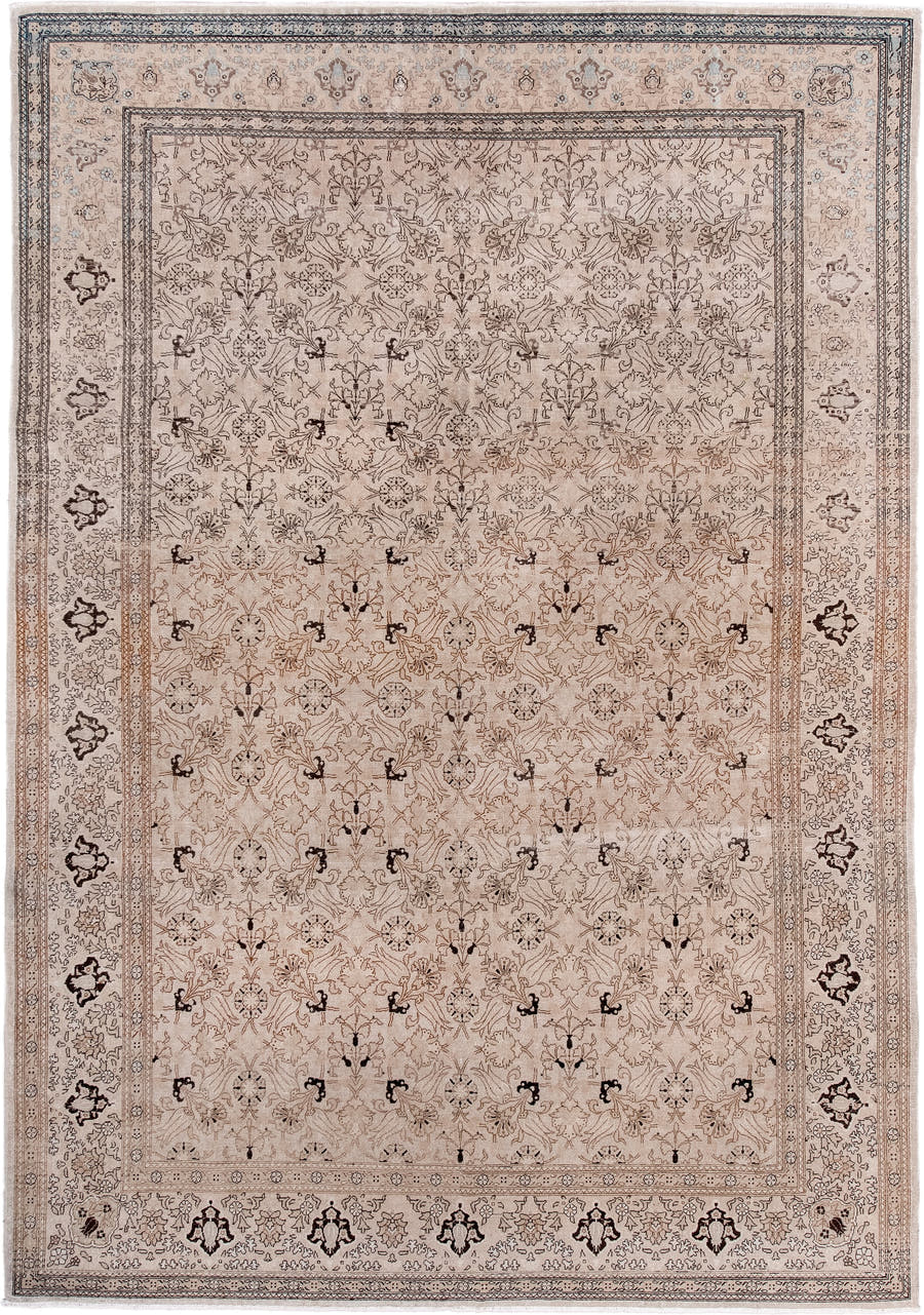 6' x 9' one-of-a-kind handmade antique Sivas medium size rug. Color palette: ivory, beige, taupe, brown, charcoal, camel