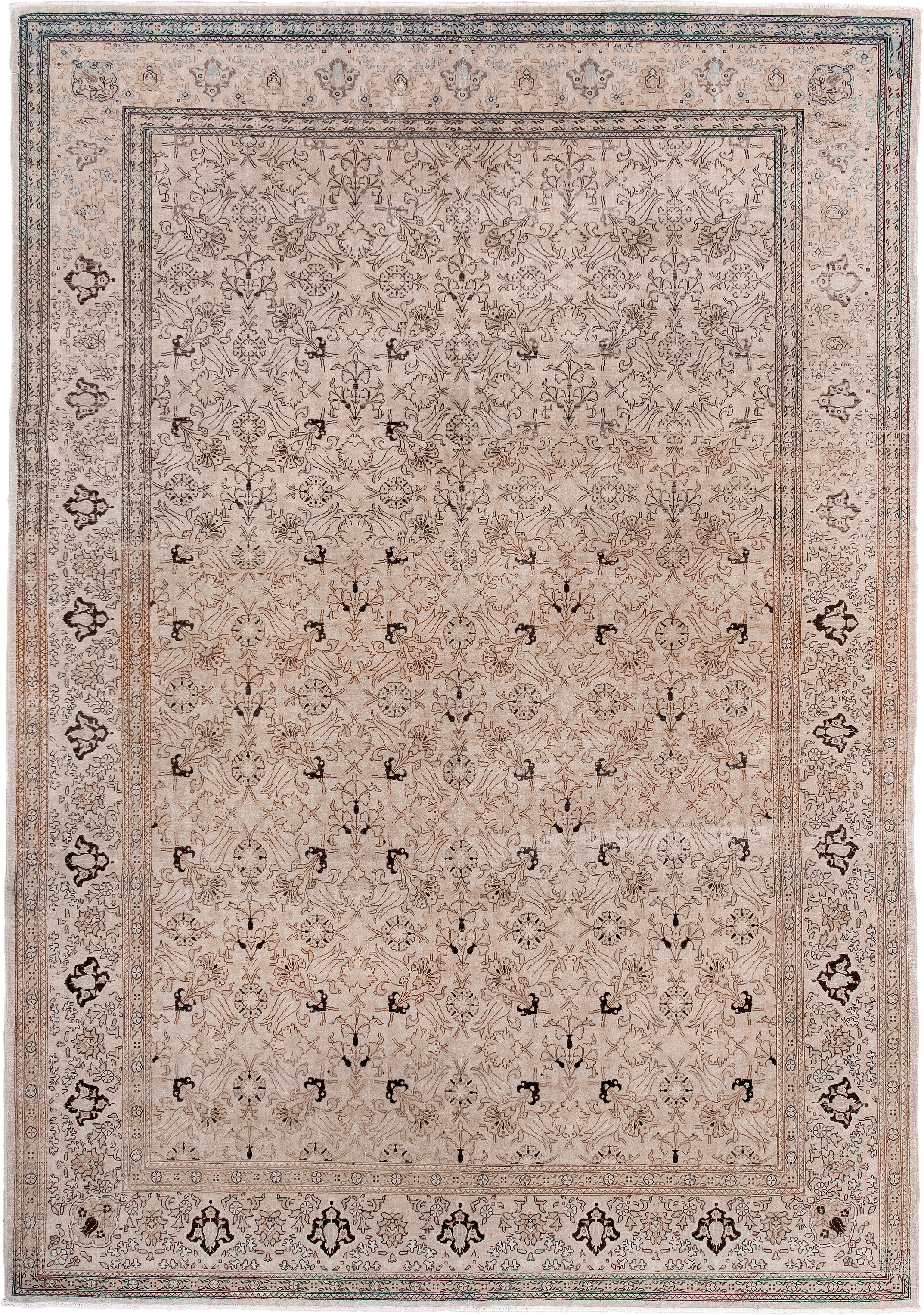 6' x 9' one-of-a-kind handmade antique Sivas medium size rug. Color palette: ivory, beige, taupe, brown, charcoal, camel