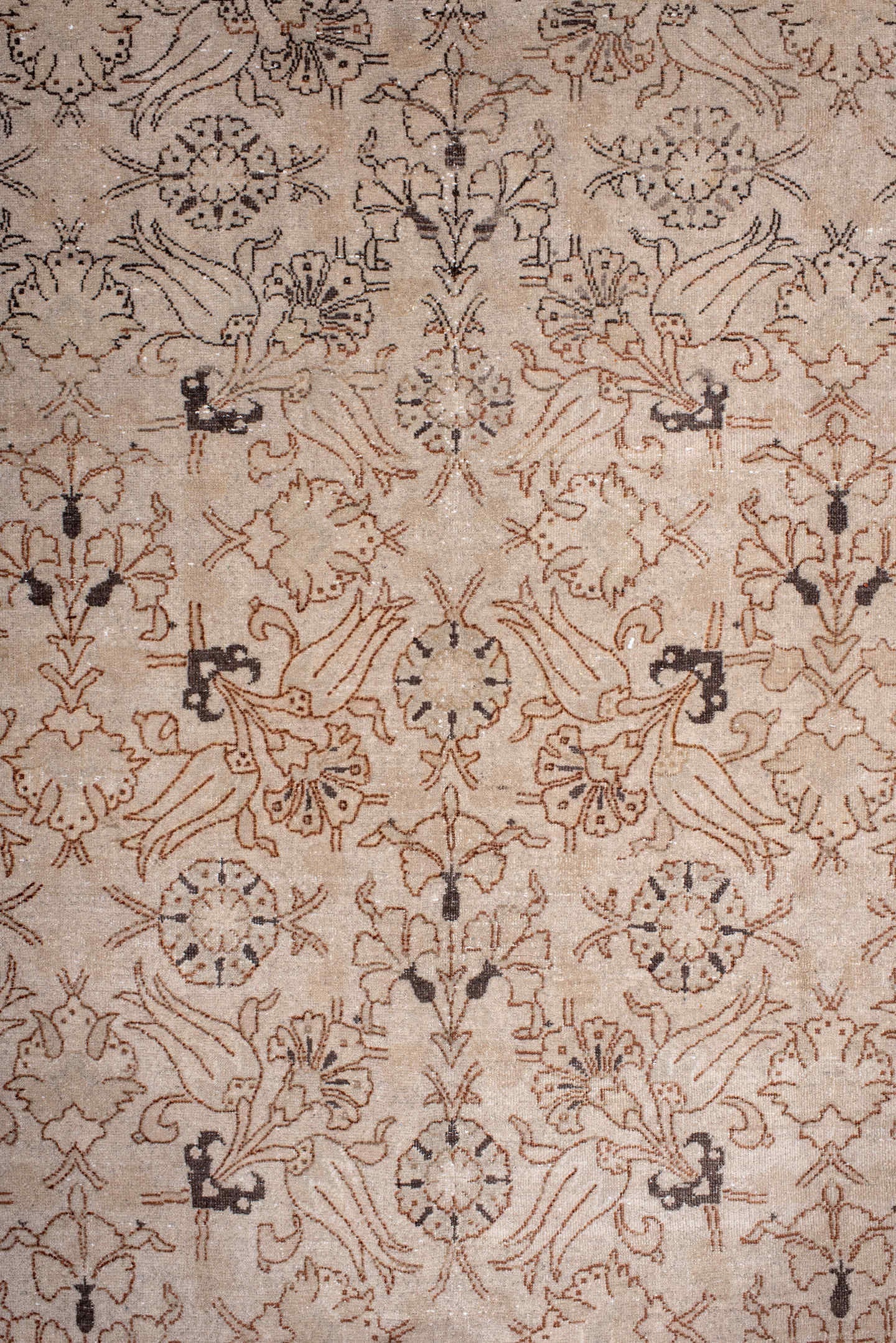 6' x 9' one-of-a-kind handmade antique Sivas medium size rug. Color palette: ivory, beige, taupe, brown, charcoal, camel