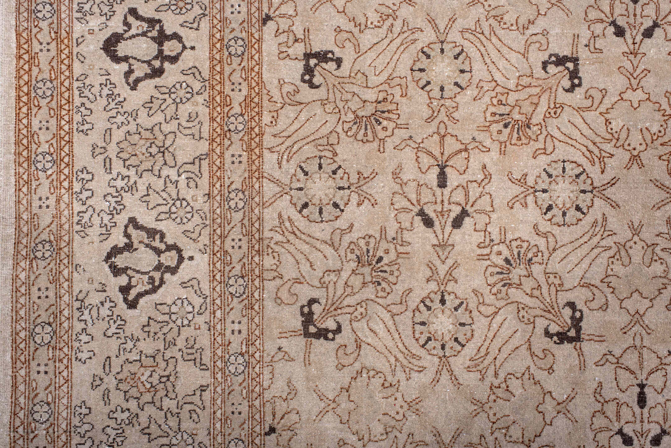 6' x 9' one-of-a-kind handmade antique Sivas medium size rug. Color palette: ivory, beige, taupe, brown, charcoal, camel