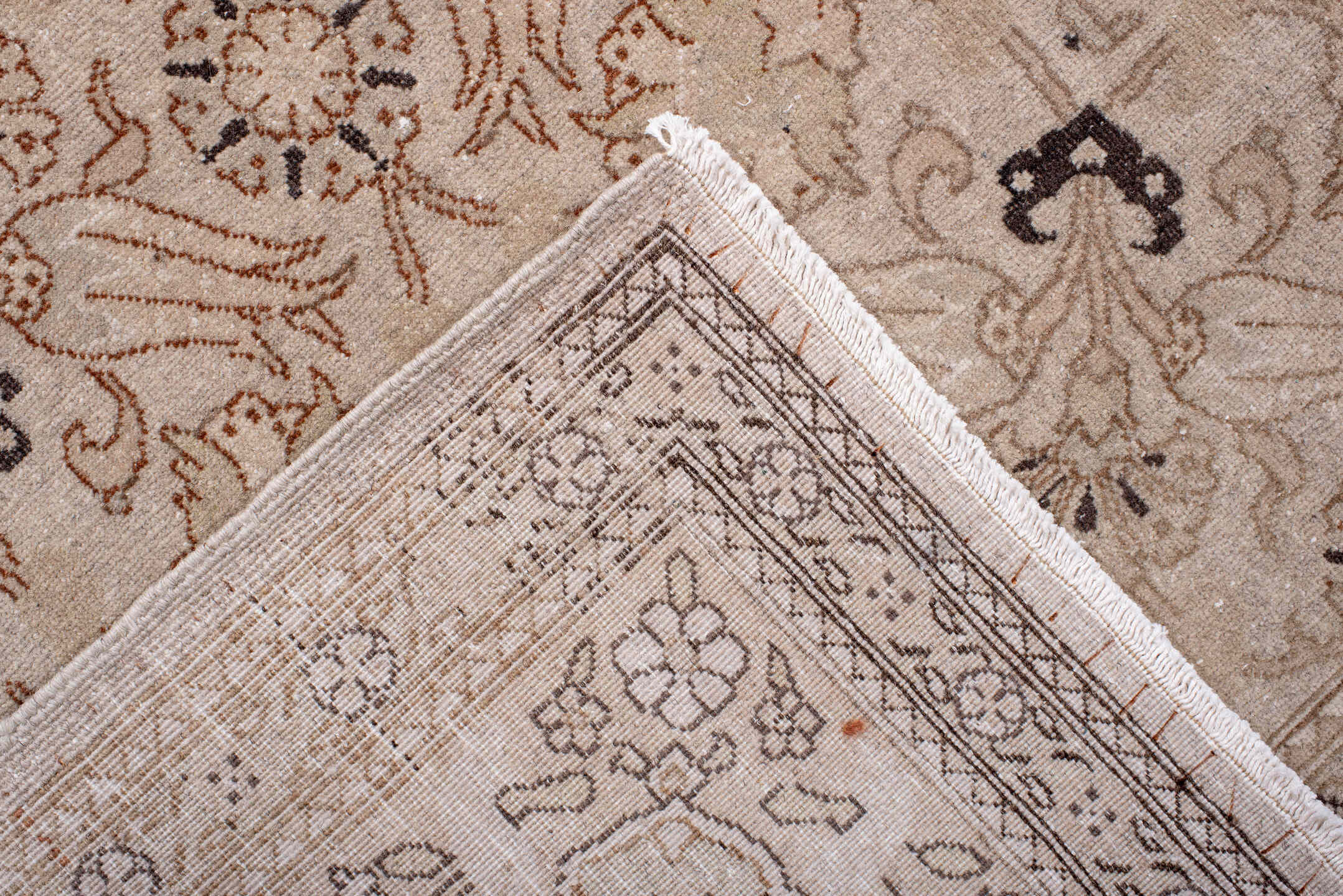 6' x 9' one-of-a-kind handmade antique Sivas medium size rug. Color palette: ivory, beige, taupe, brown, charcoal, camel