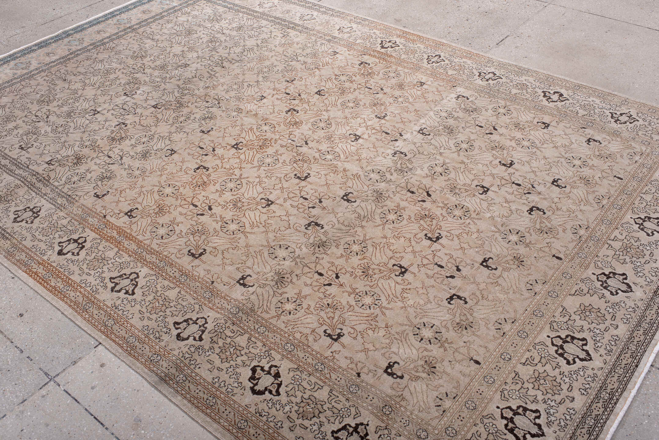6' x 9' one-of-a-kind handmade antique Sivas medium size rug. Color palette: ivory, beige, taupe, brown, charcoal, camel