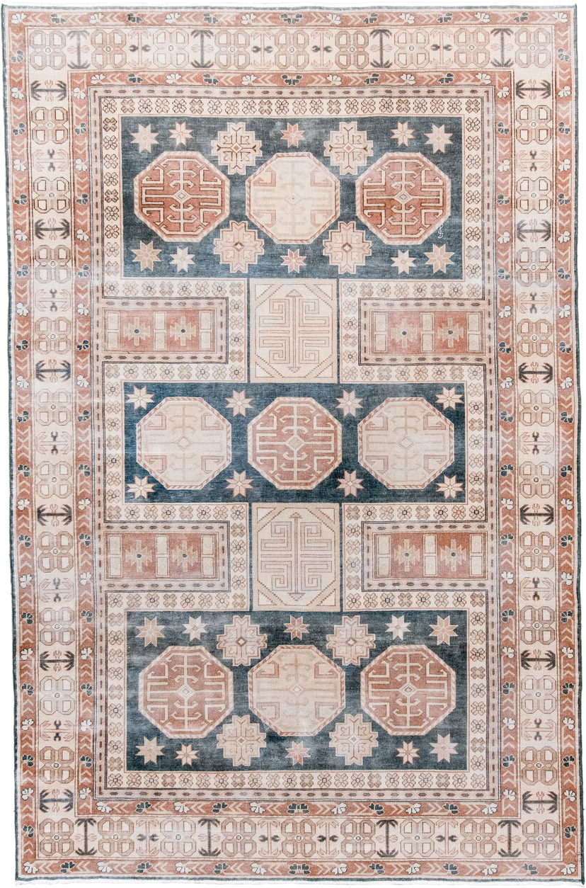 6' x 10' one-of-a-kind handmade antique Sparta large size rug. Color palette: ivory, dusty rose, slate blue, terra cotta