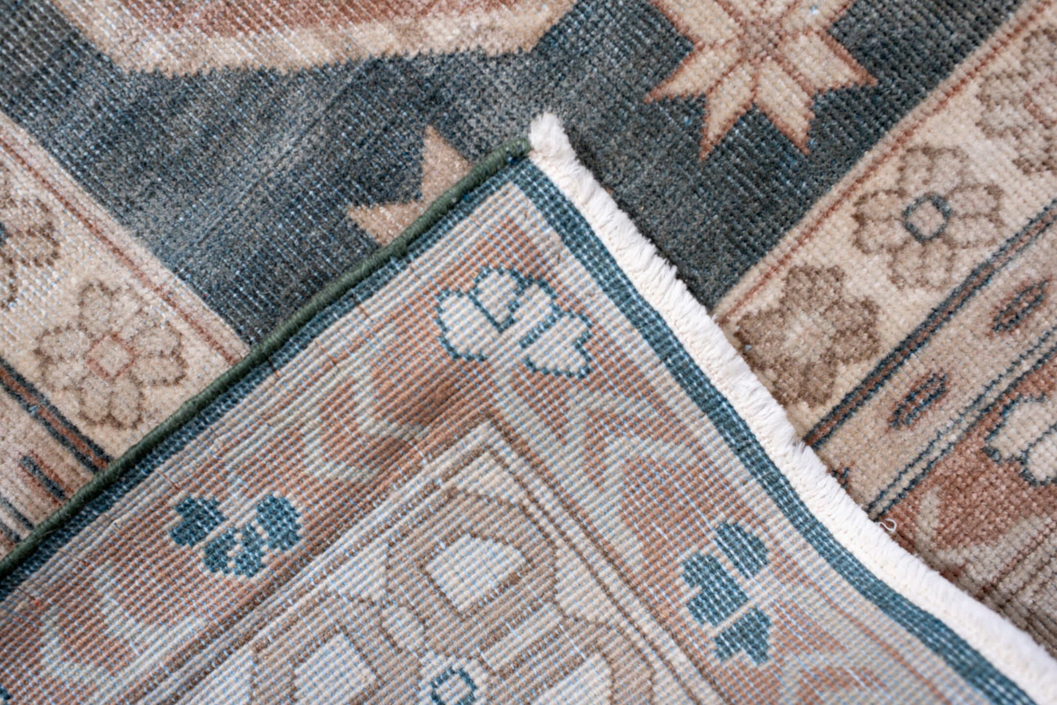 6' x 10' one-of-a-kind handmade antique Sparta large size rug. Color palette: ivory, dusty rose, slate blue, terra cotta