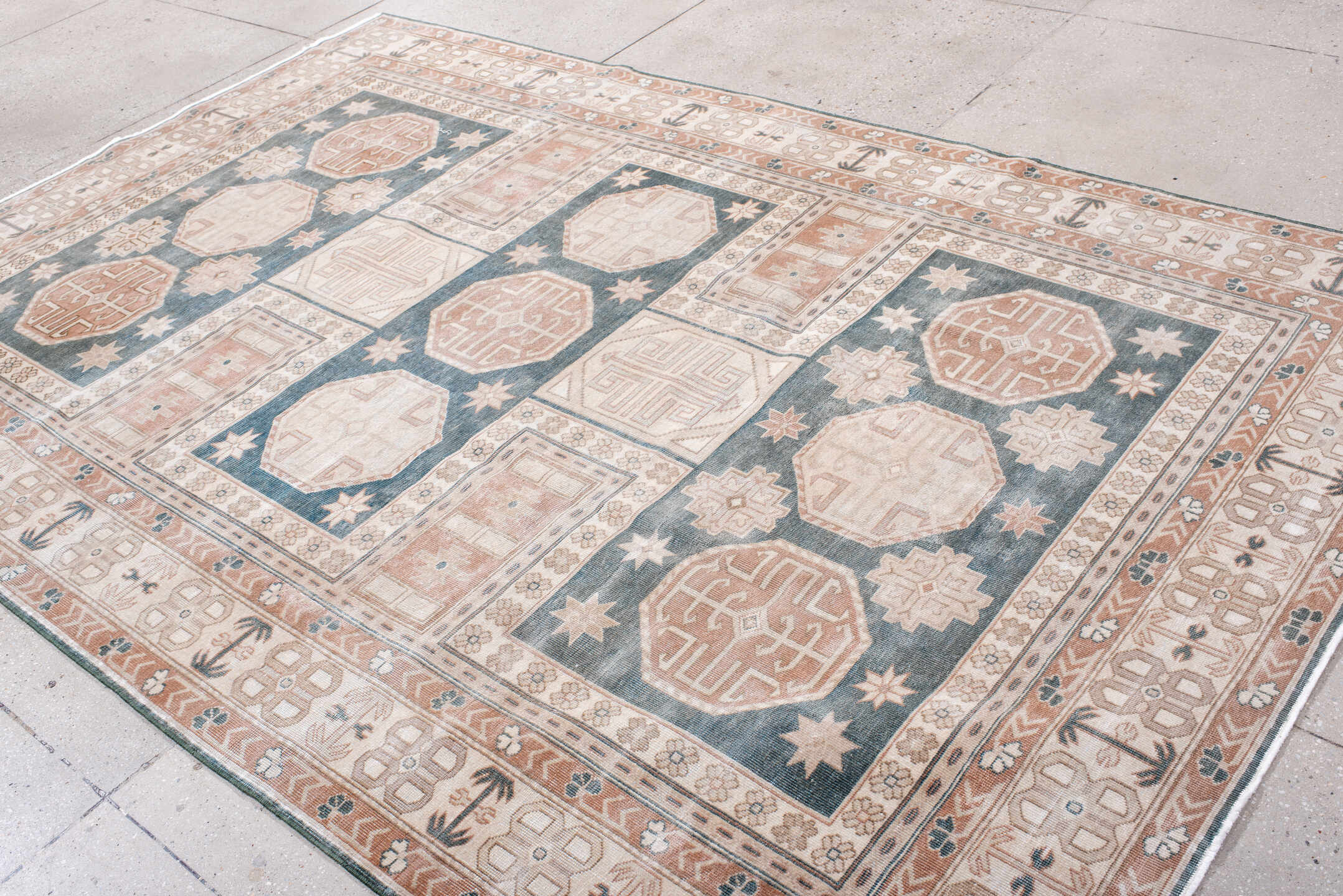 6' x 10' one-of-a-kind handmade antique Sparta large size rug. Color palette: ivory, dusty rose, slate blue, terra cotta