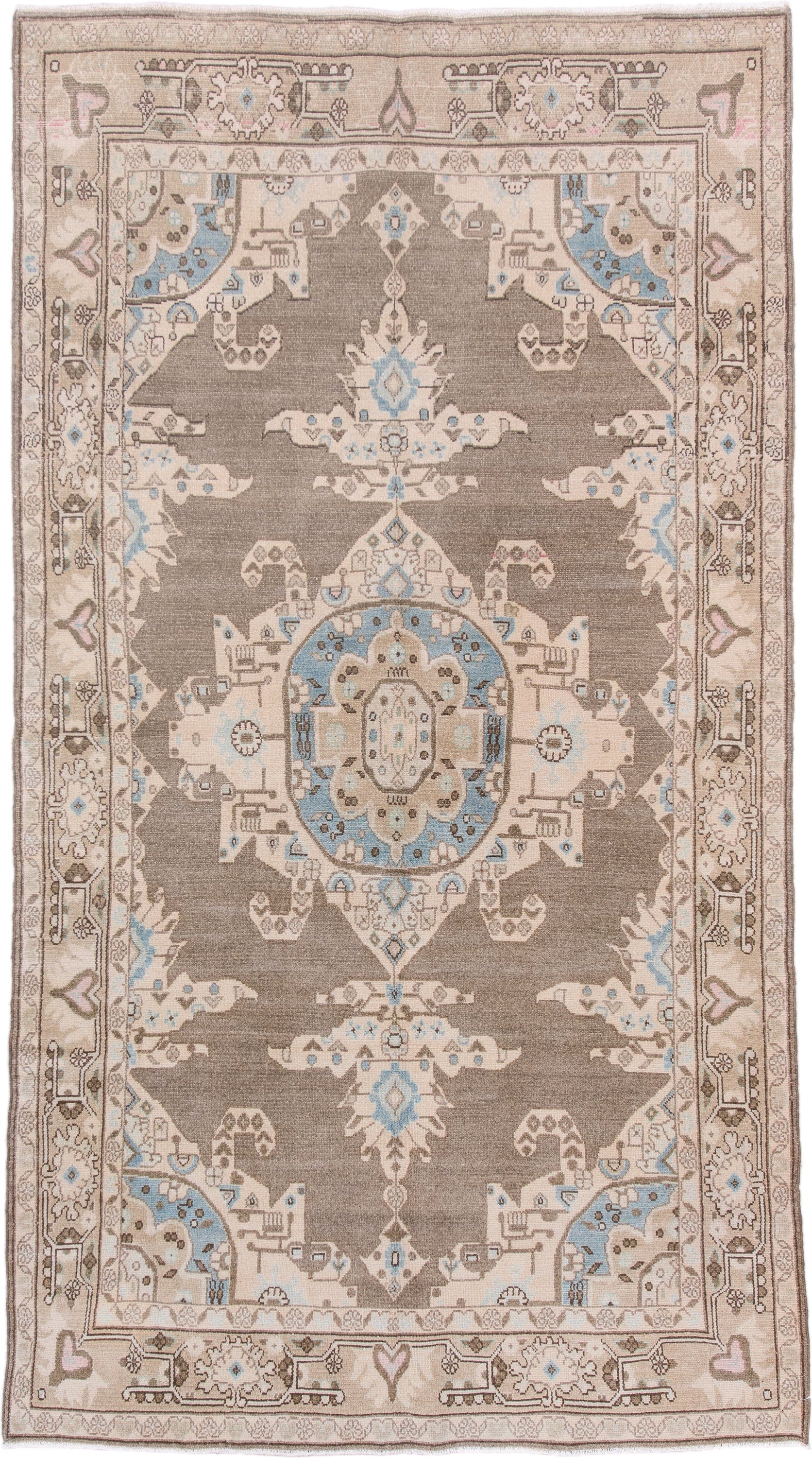 4' x 8' one-of-a-kind handmade antique Hamadan rug. Color palette: taupe, ivory, sky blue, beige, brown, blush, gray
