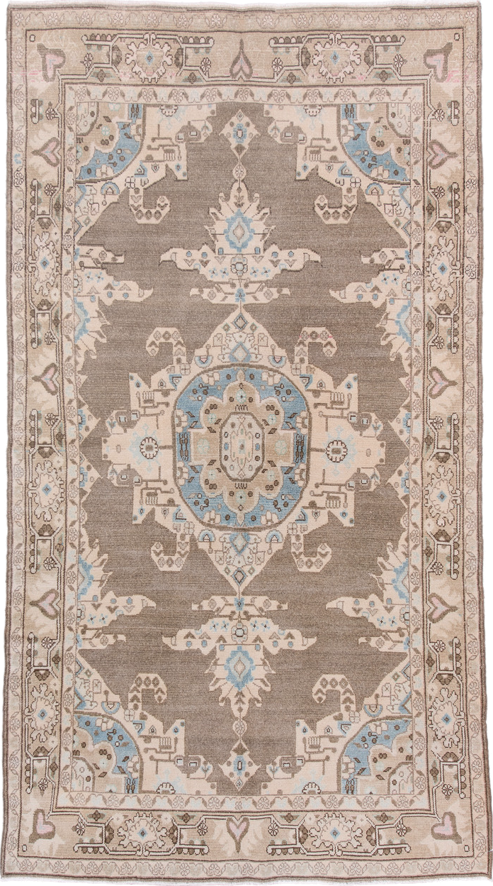 4' x 8' one-of-a-kind handmade antique Hamadan rug. Color palette: taupe, ivory, sky blue, beige, brown, blush, gray