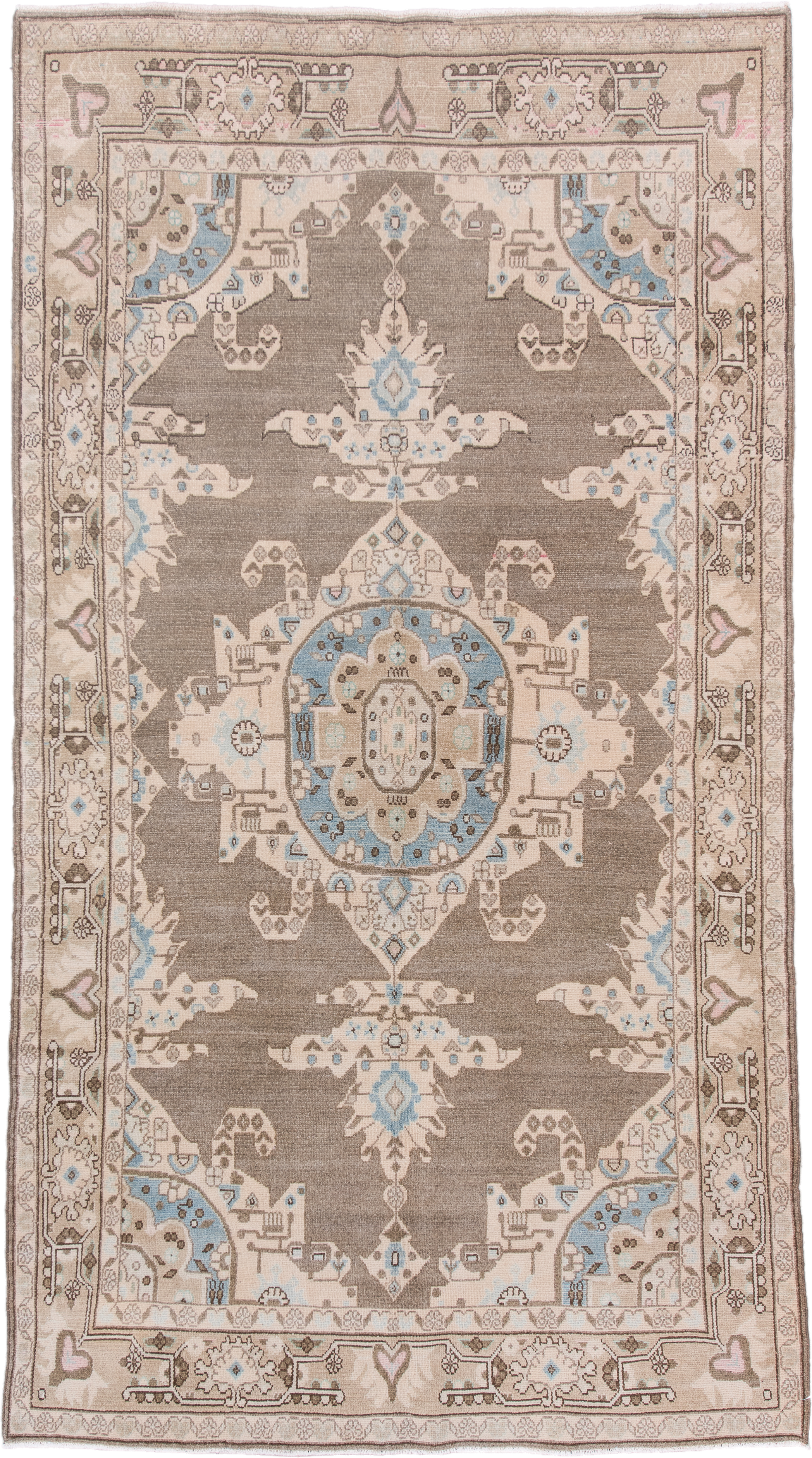 4' x 8' one-of-a-kind handmade antique Hamadan rug. Color palette: taupe, ivory, sky blue, beige, brown, blush, gray