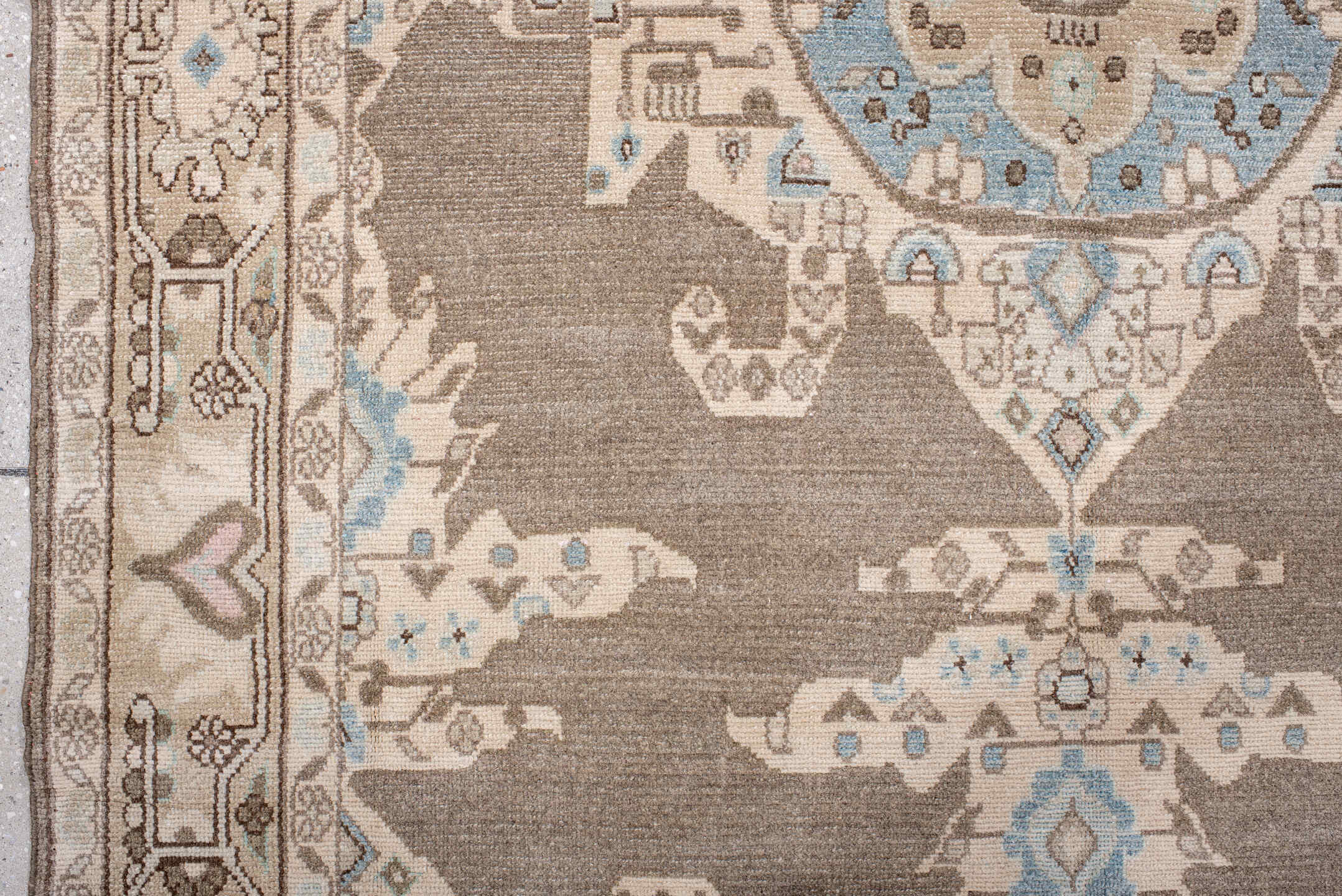 4' x 8' one-of-a-kind handmade vintage Hamadan rug. Color palette: brown, dark gray, gray, light blue, light gray, off-white