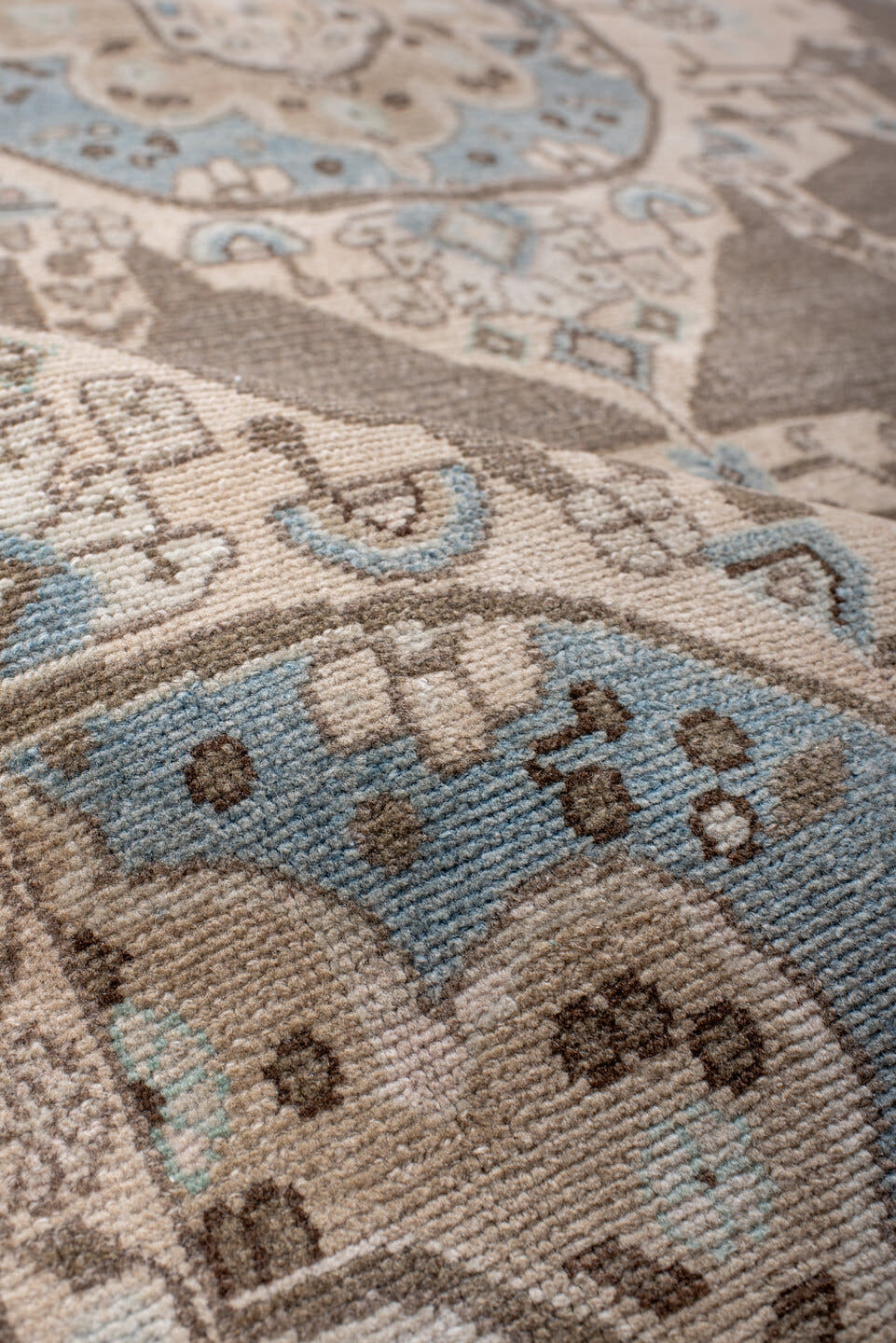 4' x 8' one-of-a-kind handmade antique Hamadan rug. Color palette: taupe, ivory, sky blue, beige, brown, blush, gray