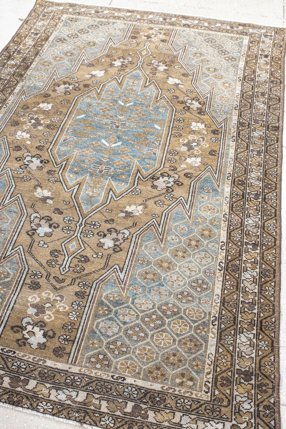 4' x 6' one-of-a-kind handmade vintage Malayer small size rug. Color palette: camel, sky blue, ivory, taupe, brown, charcoal