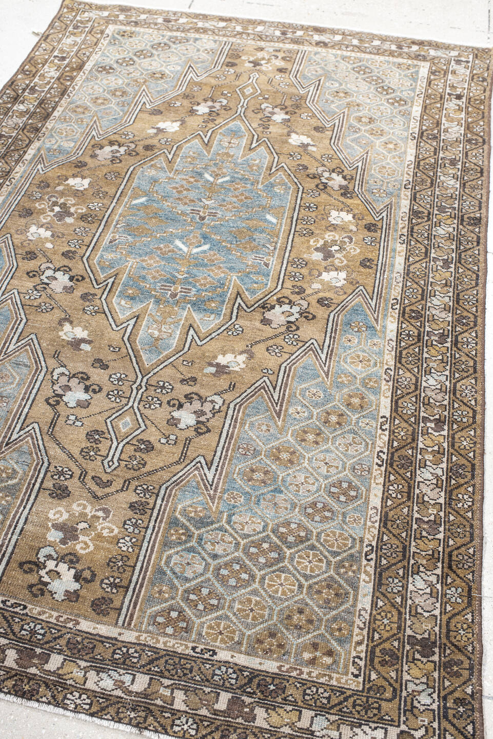 4' x 6' one-of-a-kind handmade vintage Malayer small size rug. Color palette: camel, sky blue, ivory, taupe, brown, charcoal