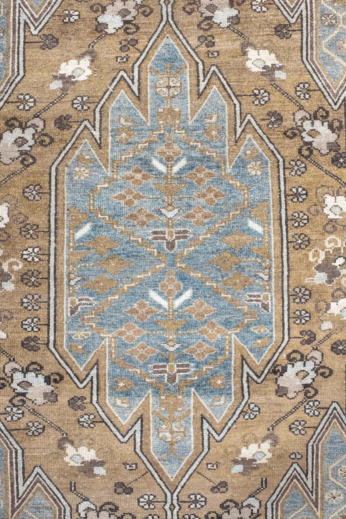 4' x 6' one-of-a-kind handmade vintage Malayer small size rug. Color palette: camel, sky blue, ivory, taupe, brown, charcoal
