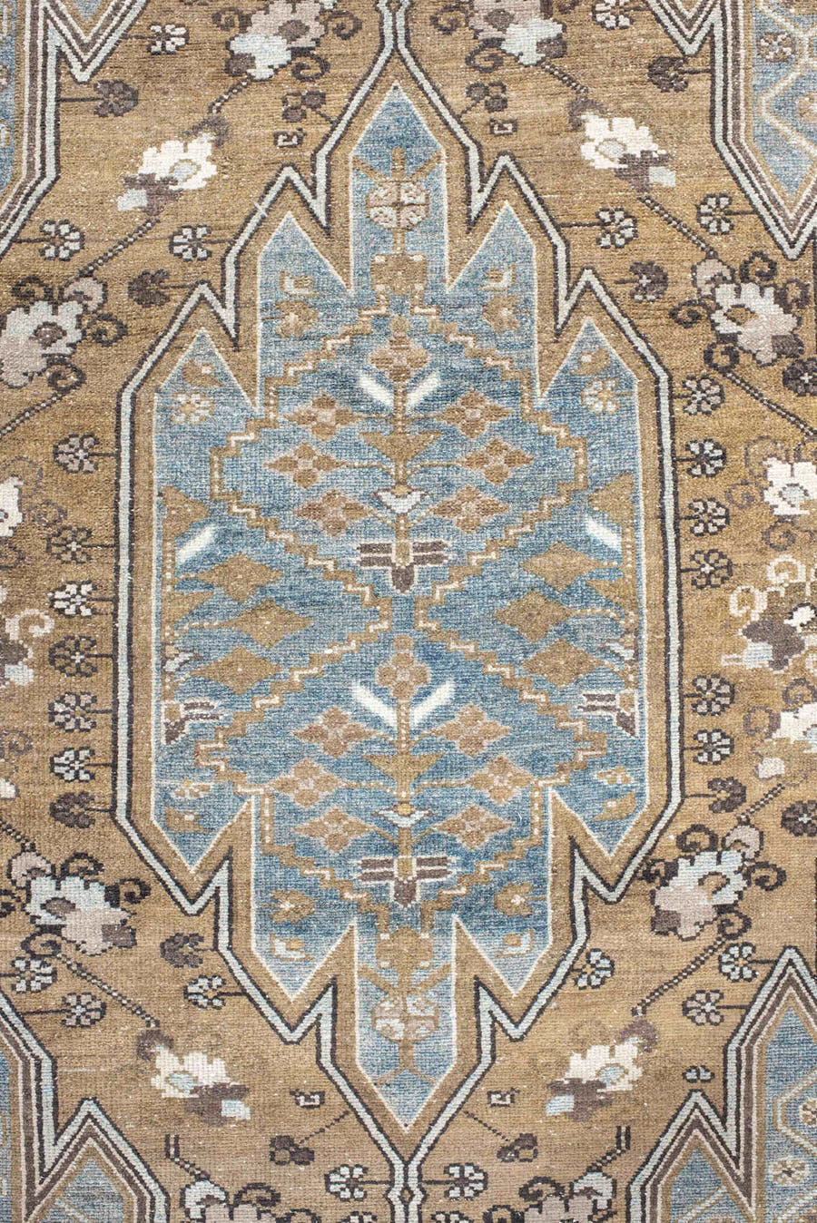 4' x 6' one-of-a-kind handmade vintage Malayer small size rug. Color palette: camel, sky blue, ivory, taupe, brown, charcoal
