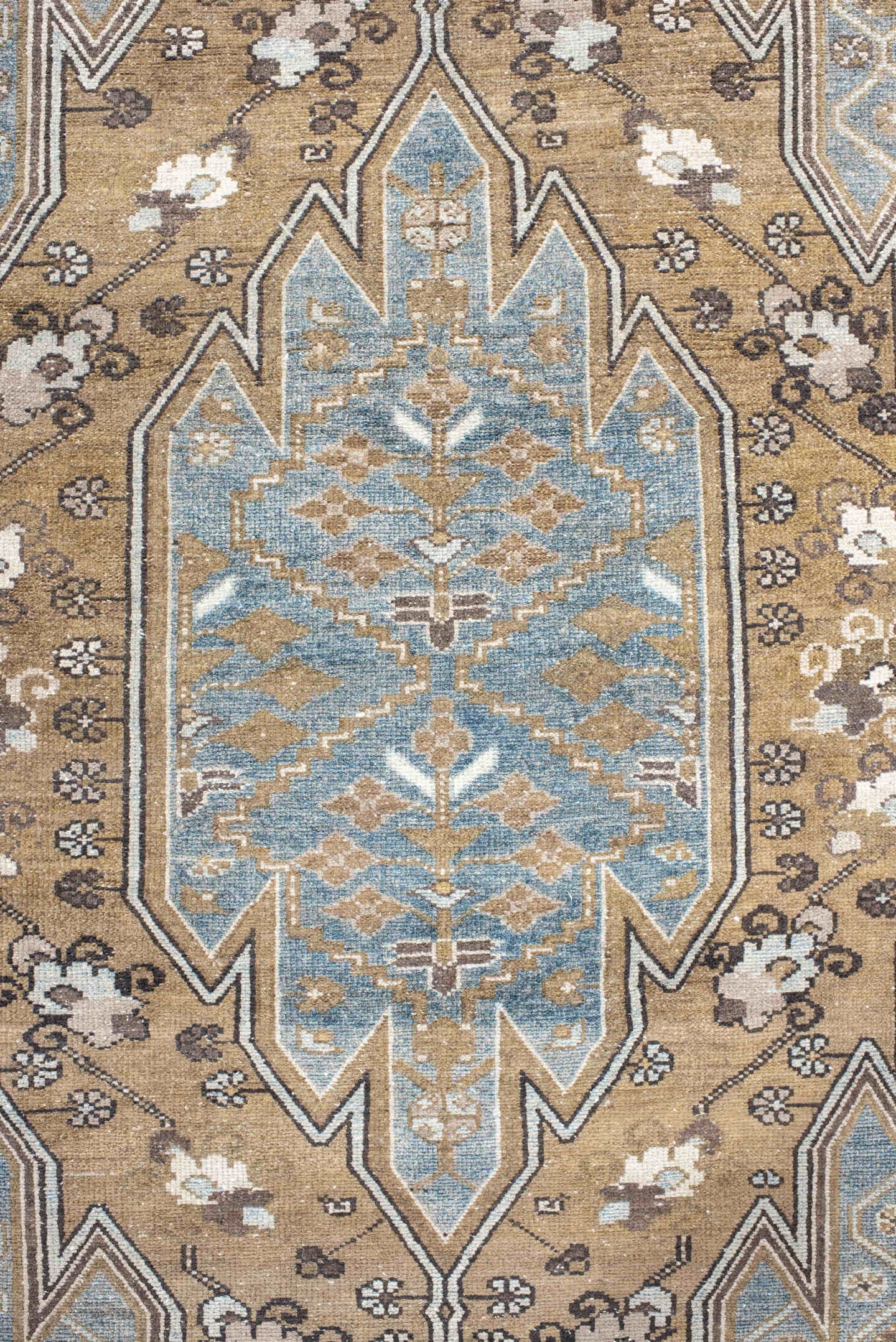 4' x 6' one-of-a-kind handmade vintage Malayer small size rug. Color palette: camel, sky blue, ivory, taupe, brown, charcoal