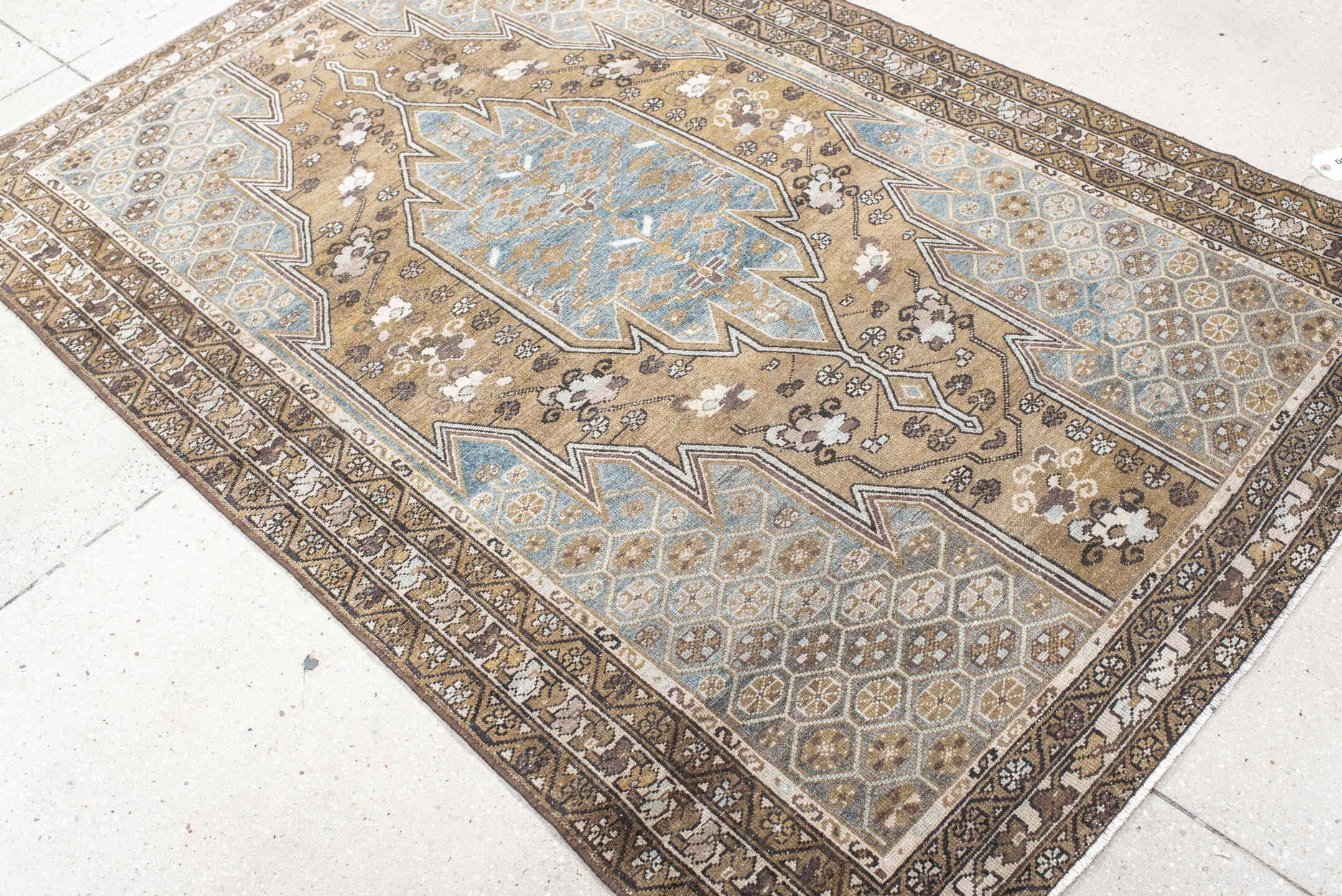 4' x 6' one-of-a-kind handmade vintage Malayer small size rug. Color palette: camel, sky blue, ivory, taupe, brown, charcoal
