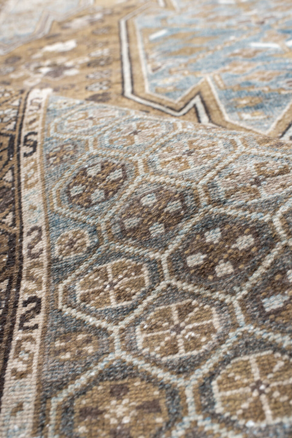 4' x 6' one-of-a-kind handmade vintage Malayer small size rug. Color palette: camel, sky blue, ivory, taupe, brown, charcoal