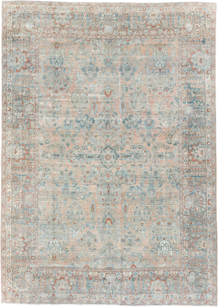 8' x 12' one-of-a-kind handmade vintage Sarouk large size rug. Color palette: pale blue, blush, ivory, terra cotta, cream