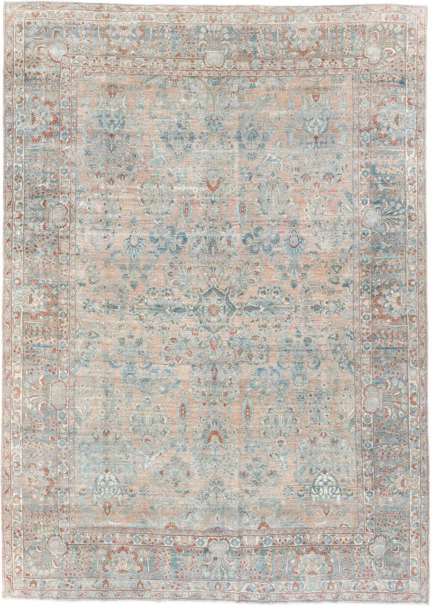 8' x 12' one-of-a-kind handmade vintage Sarouk large size rug. Color palette: pale blue, blush, ivory, terra cotta, cream