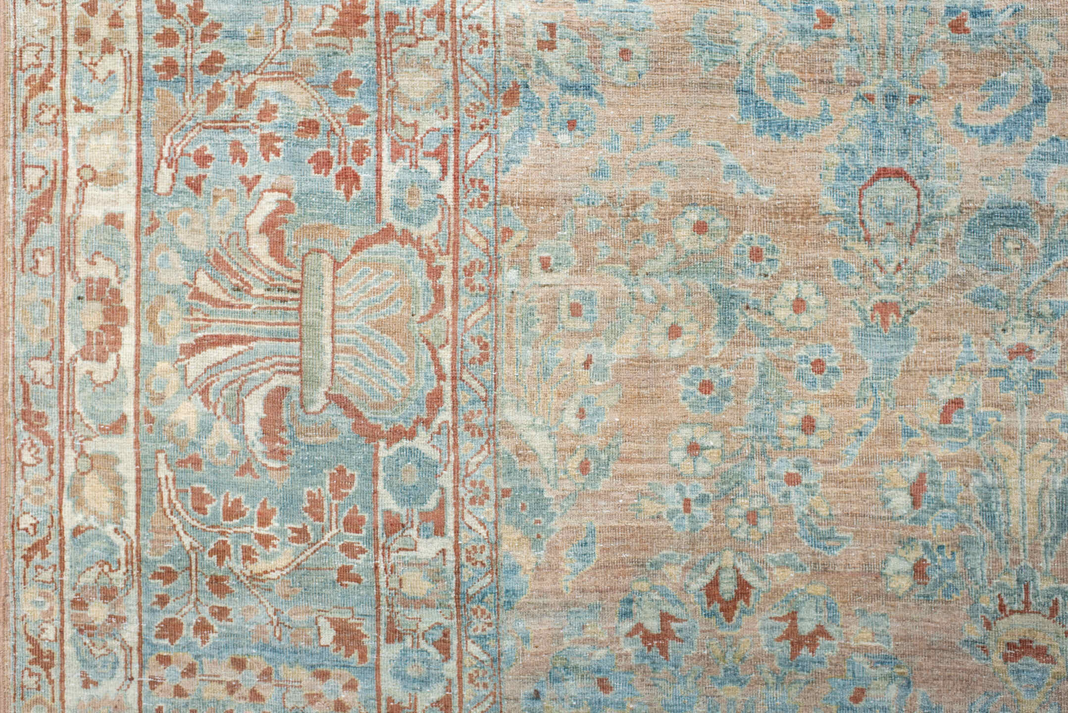 8' x 12' one-of-a-kind handmade vintage Sarouk large size rug. Color palette: pale blue, blush, ivory, terra cotta, cream