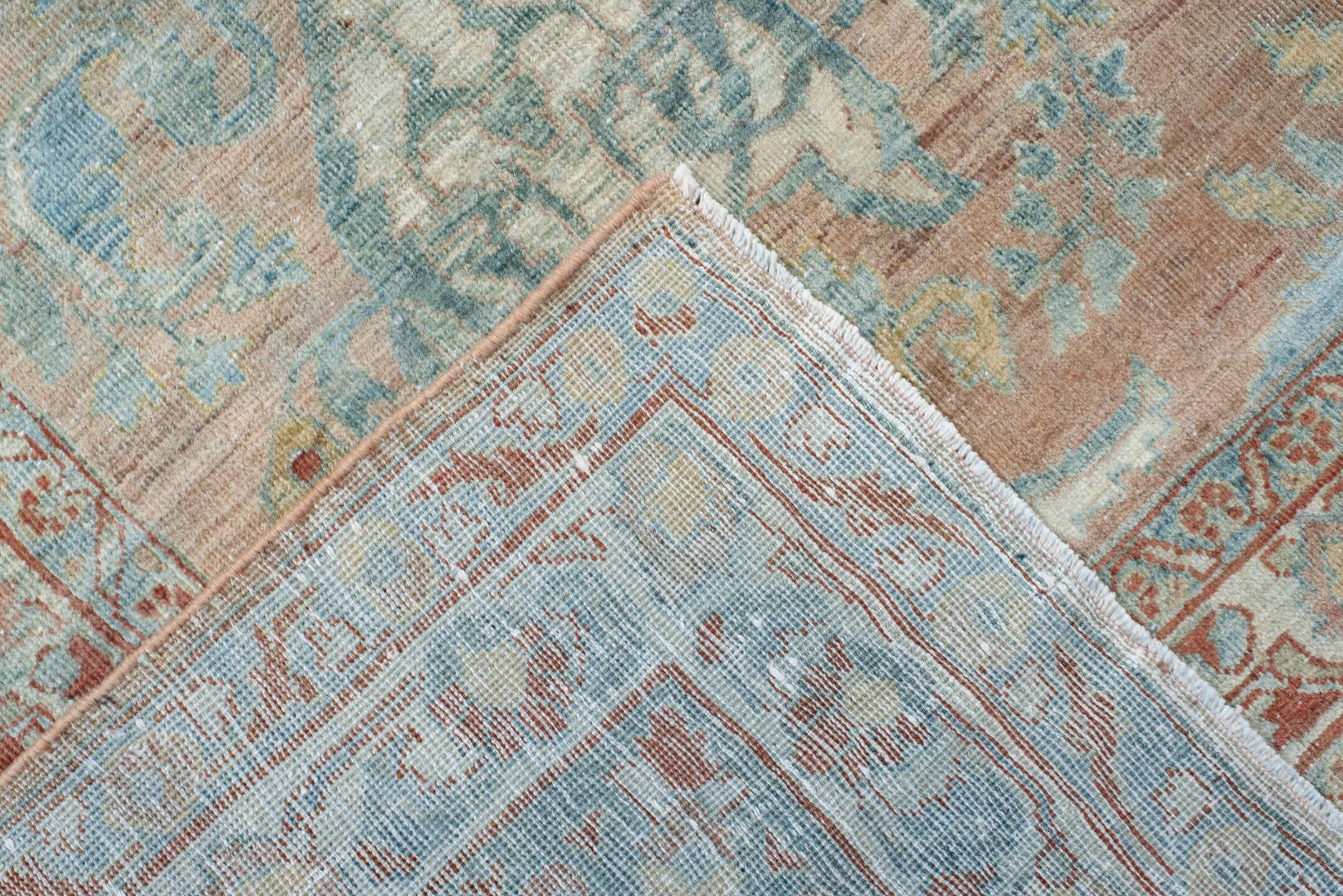8' x 12' one-of-a-kind handmade vintage Sarouk large size rug. Color palette: pale blue, blush, ivory, terra cotta, cream