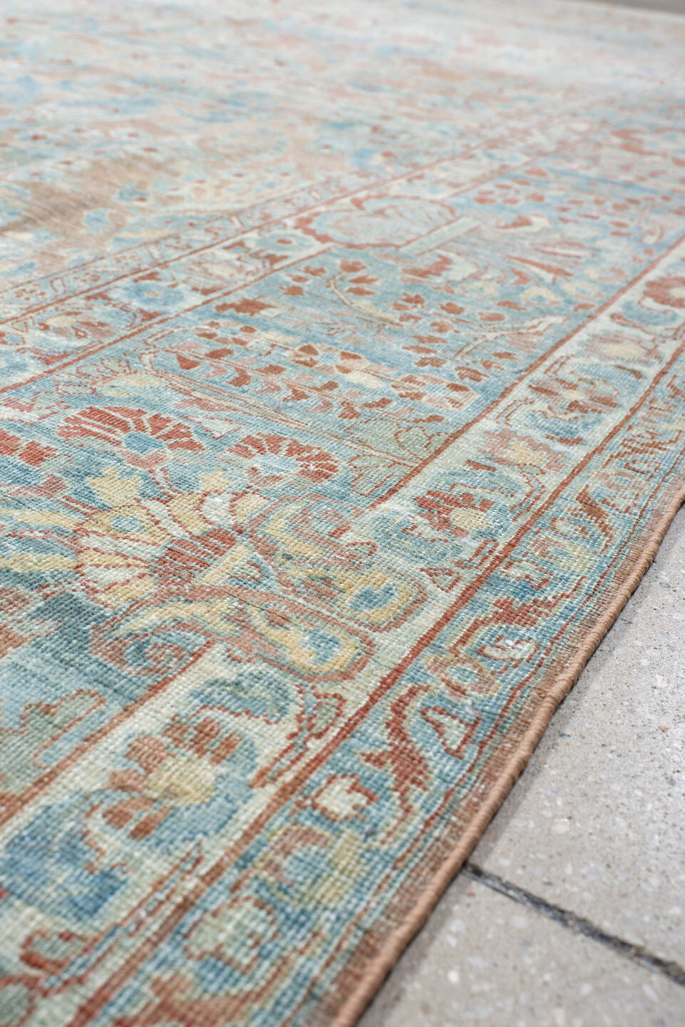 8' x 12' one-of-a-kind handmade vintage Sarouk large size rug. Color palette: pale blue, blush, ivory, terra cotta, cream