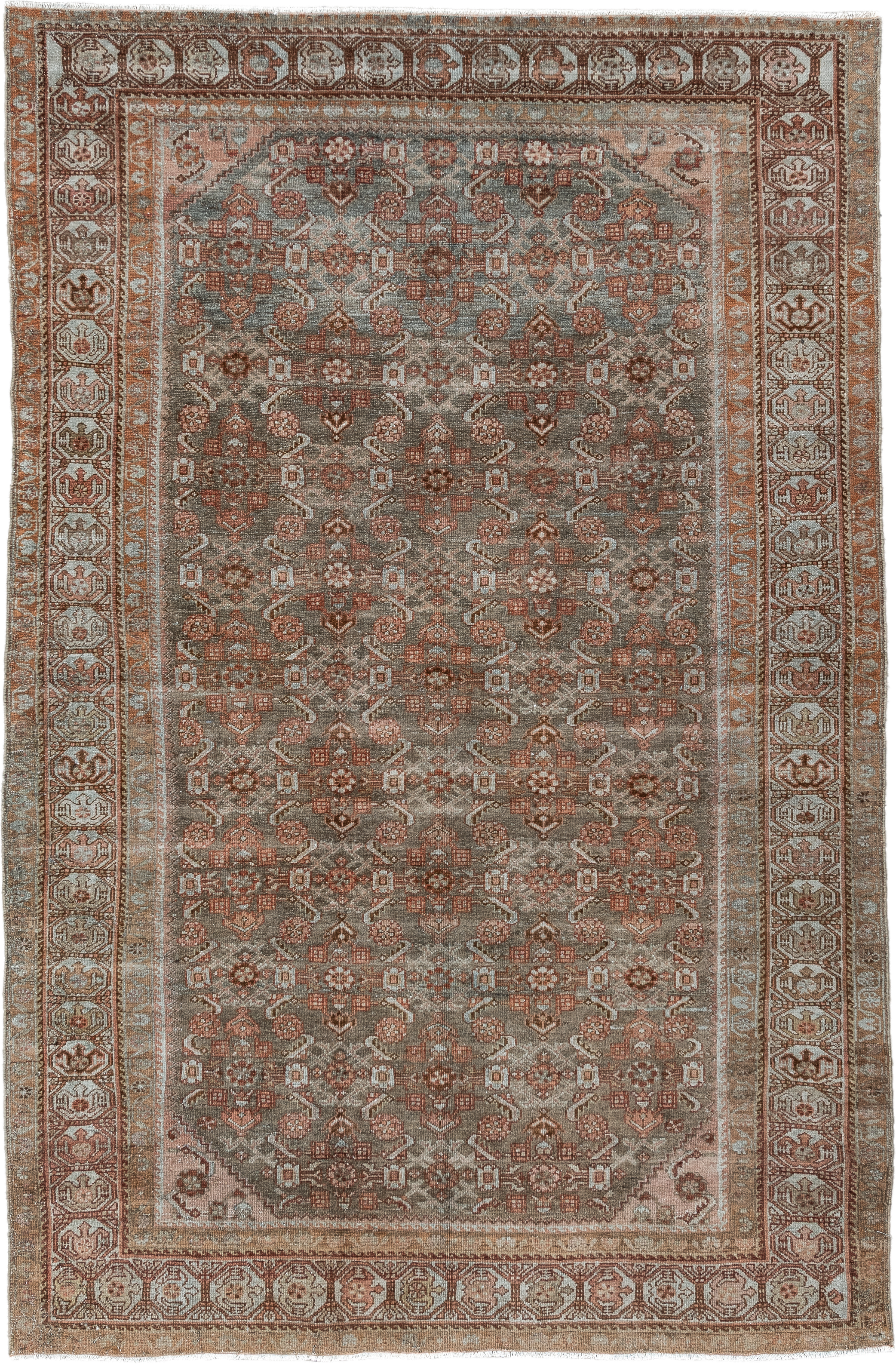 4' x 6' one-of-a-kind handmade antique Malayer small size rug. Color palette: taupe, rust, blush, ivory, brown, sage, beige