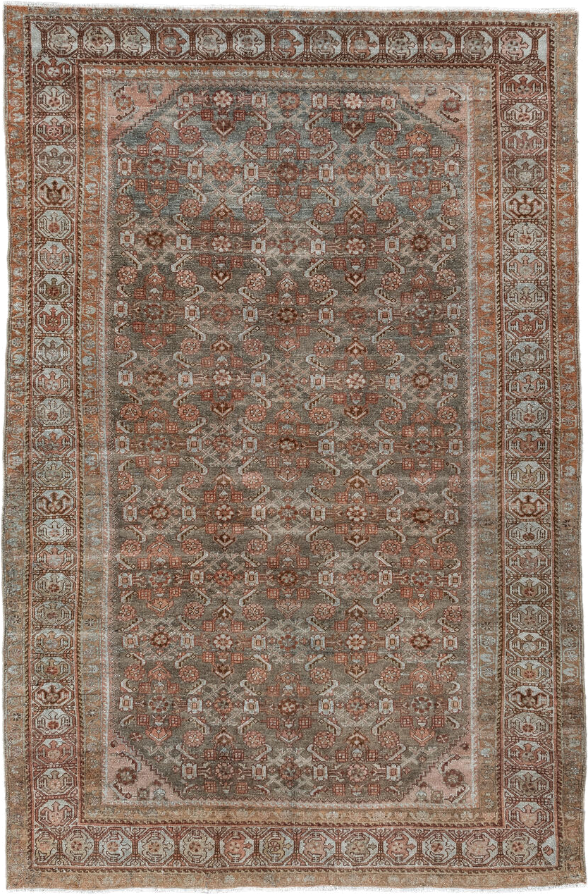 4' x 6' one-of-a-kind handmade antique Malayer small size rug. Color palette: taupe, rust, blush, ivory, brown, sage, beige