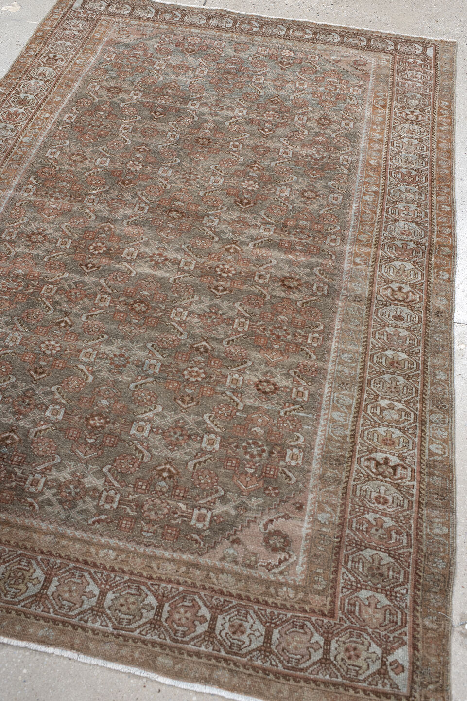 4' x 6' one-of-a-kind handmade antique Malayer small size rug. Color palette: taupe, rust, blush, ivory, brown, sage, beige
