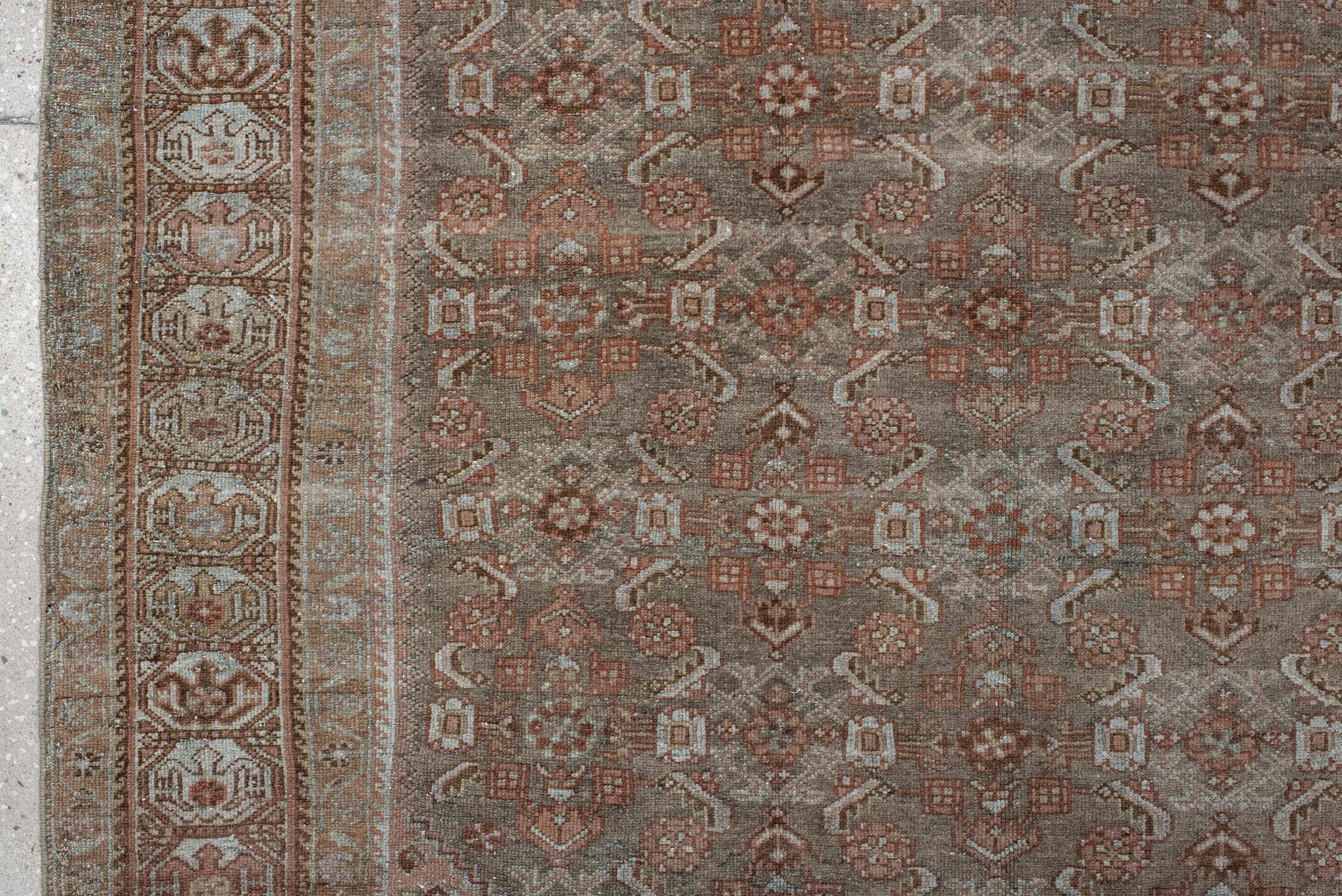 4' x 6' one-of-a-kind handmade antique Malayer small size rug. Color palette: taupe, rust, blush, ivory, brown, sage, beige