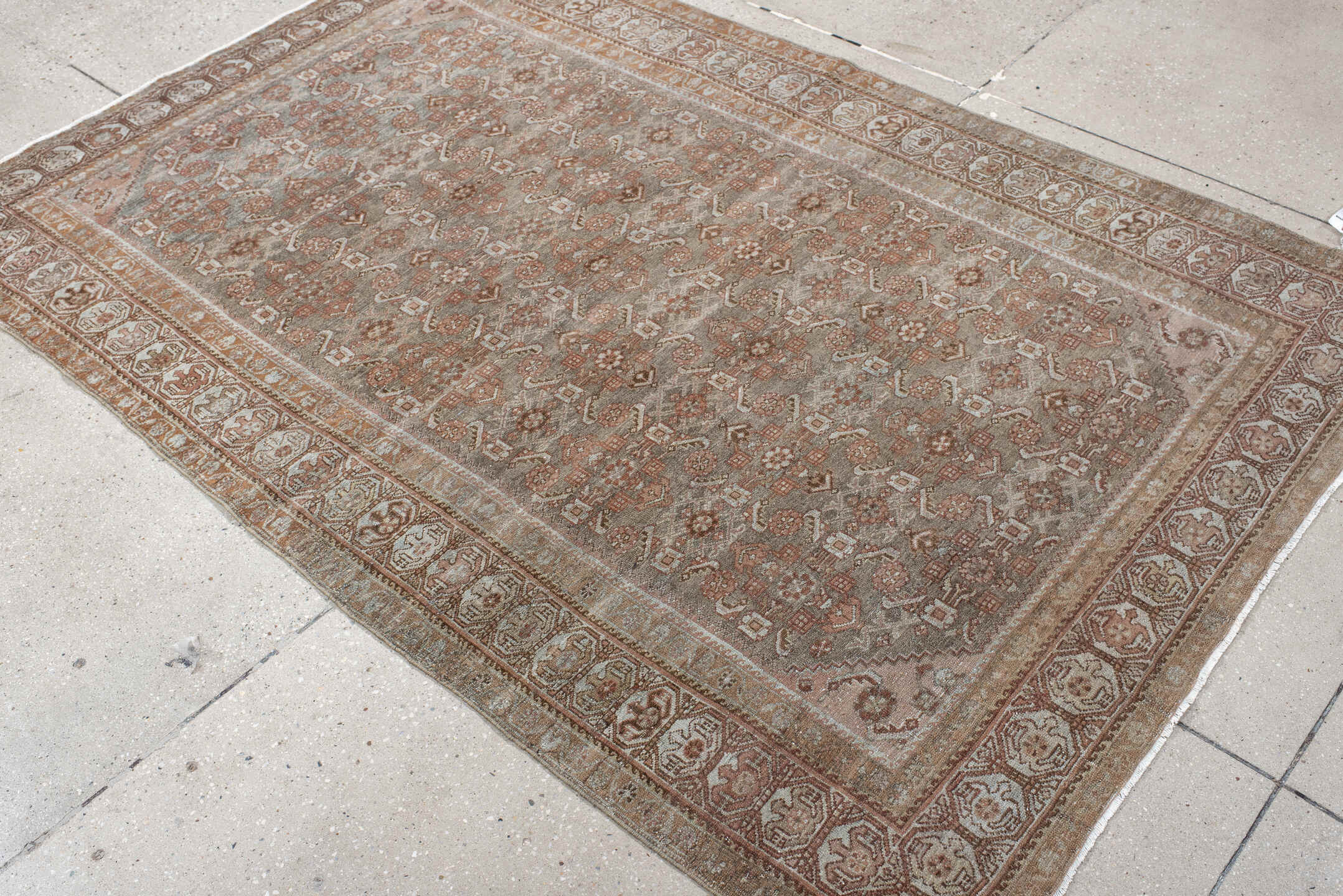 4' x 6' one-of-a-kind handmade antique Malayer small size rug. Color palette: taupe, rust, blush, ivory, brown, sage, beige